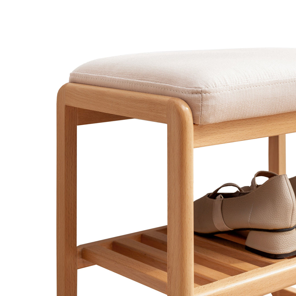 Natural Wood Shoe Bench with Beech Storage and High Rebound Sponge Cushion
