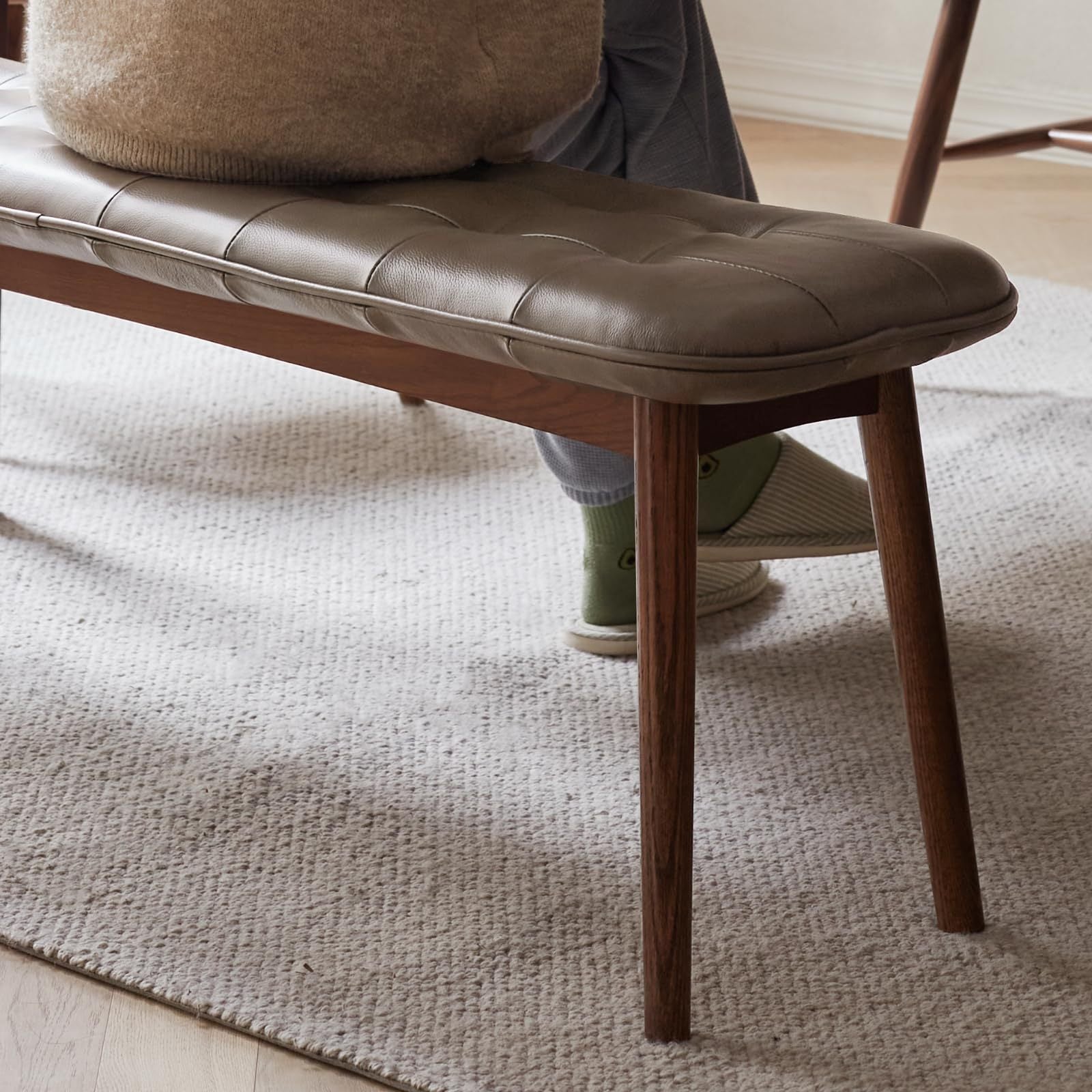 Natural Oak Dining Bench Table Bench with Leather Cushion