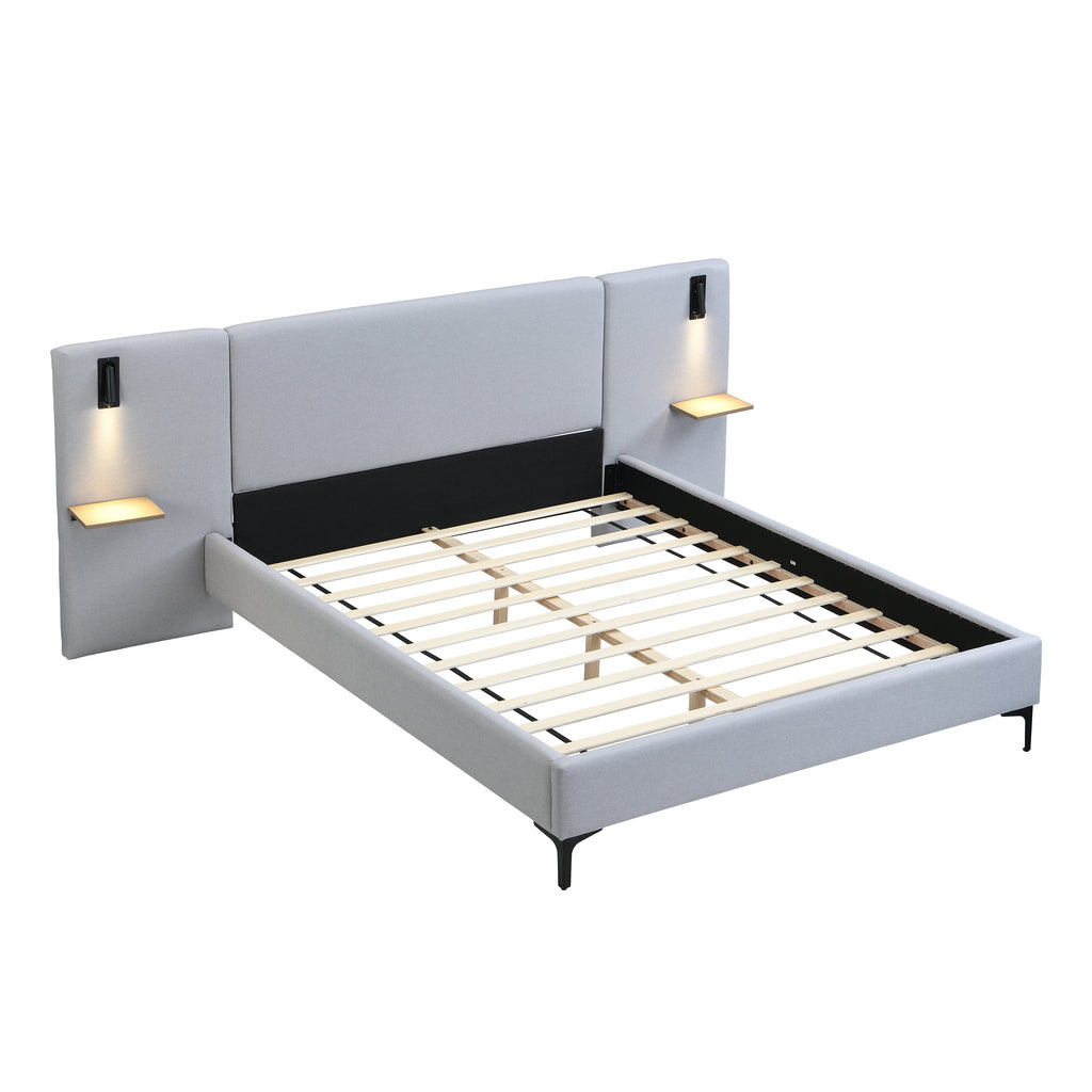 Chic Linen Upholstered Bed with Integrated Lights and Shelves