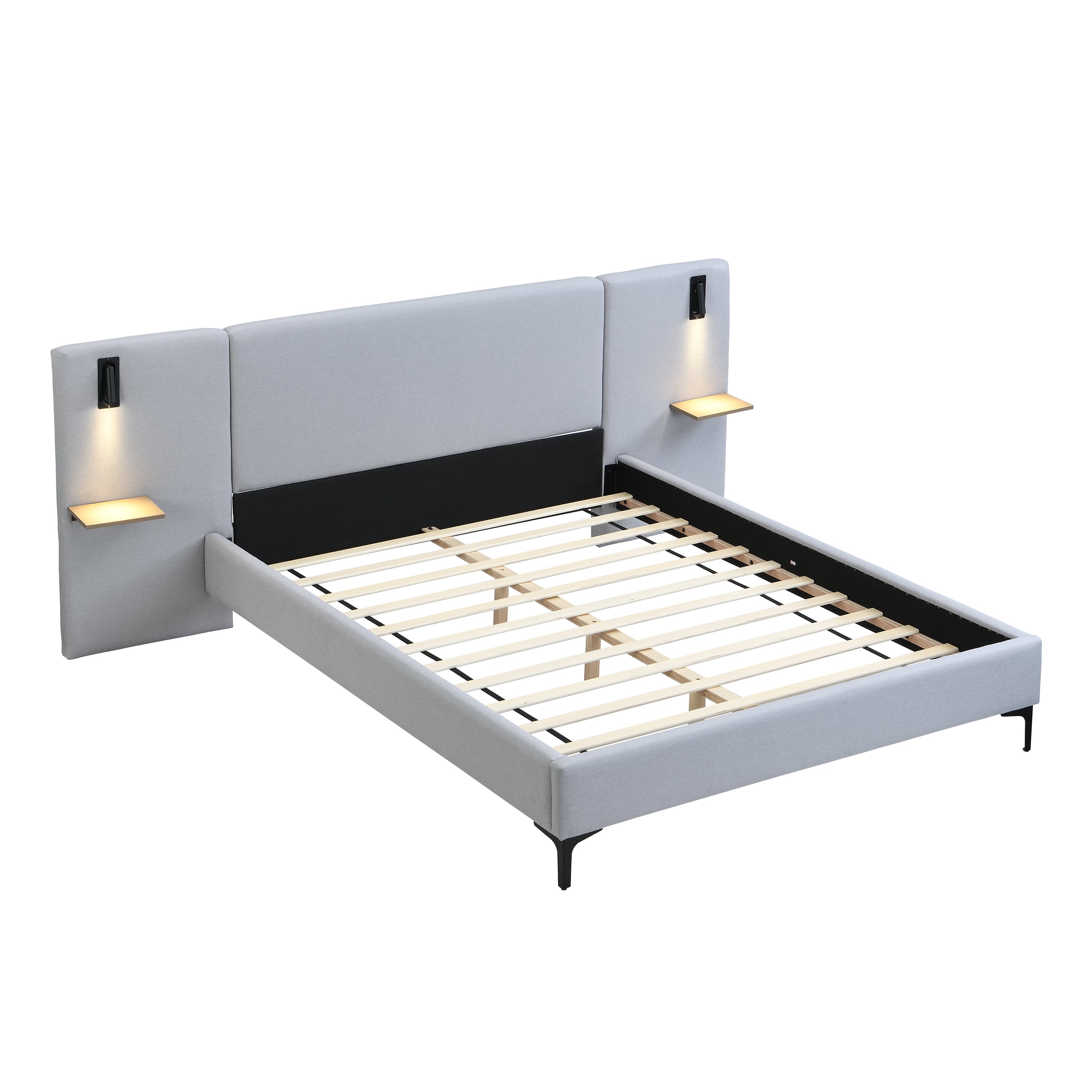 Chic Linen Upholstered Bed with Integrated Lights and Shelves