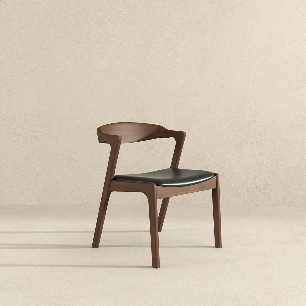 Mid-Century Solid Wood Dining Chair Set with Black Leather Upholstery (Set of 2)