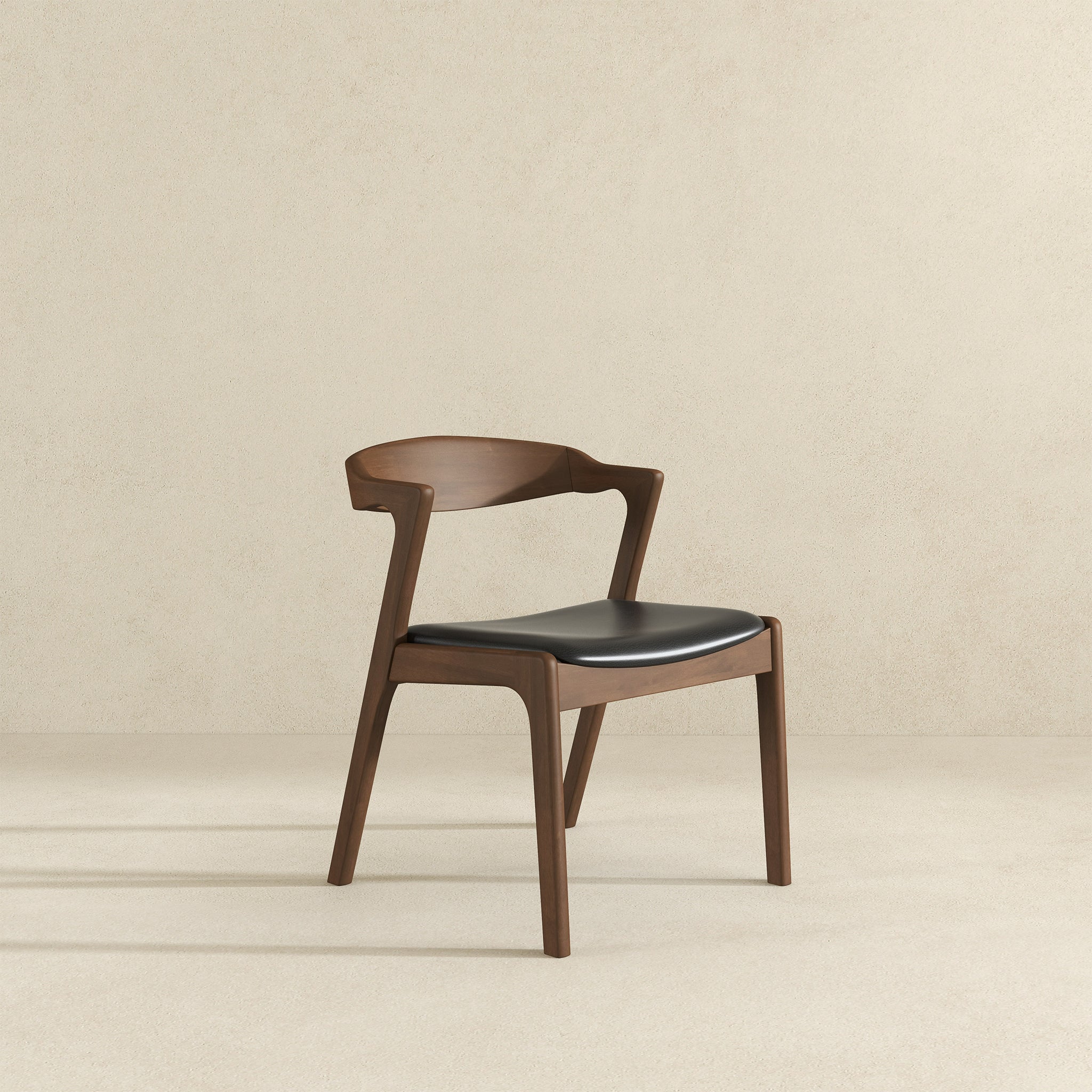 Mid-Century Solid Wood Dining Chair Set with Black Leather Upholstery (Set of 2)