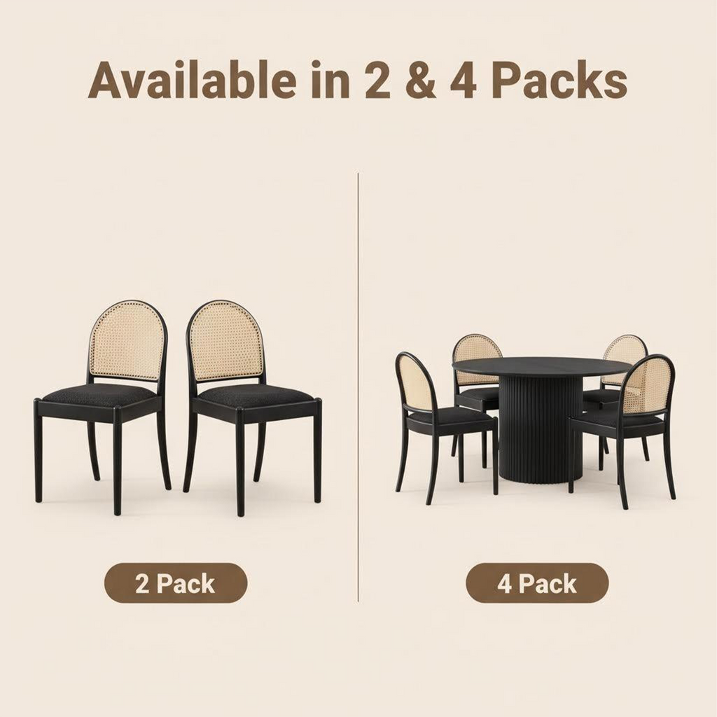Set of 2 Rattan Dining Chairs Upholstered Linen Modern Wood-Leg Kitchen Chairs