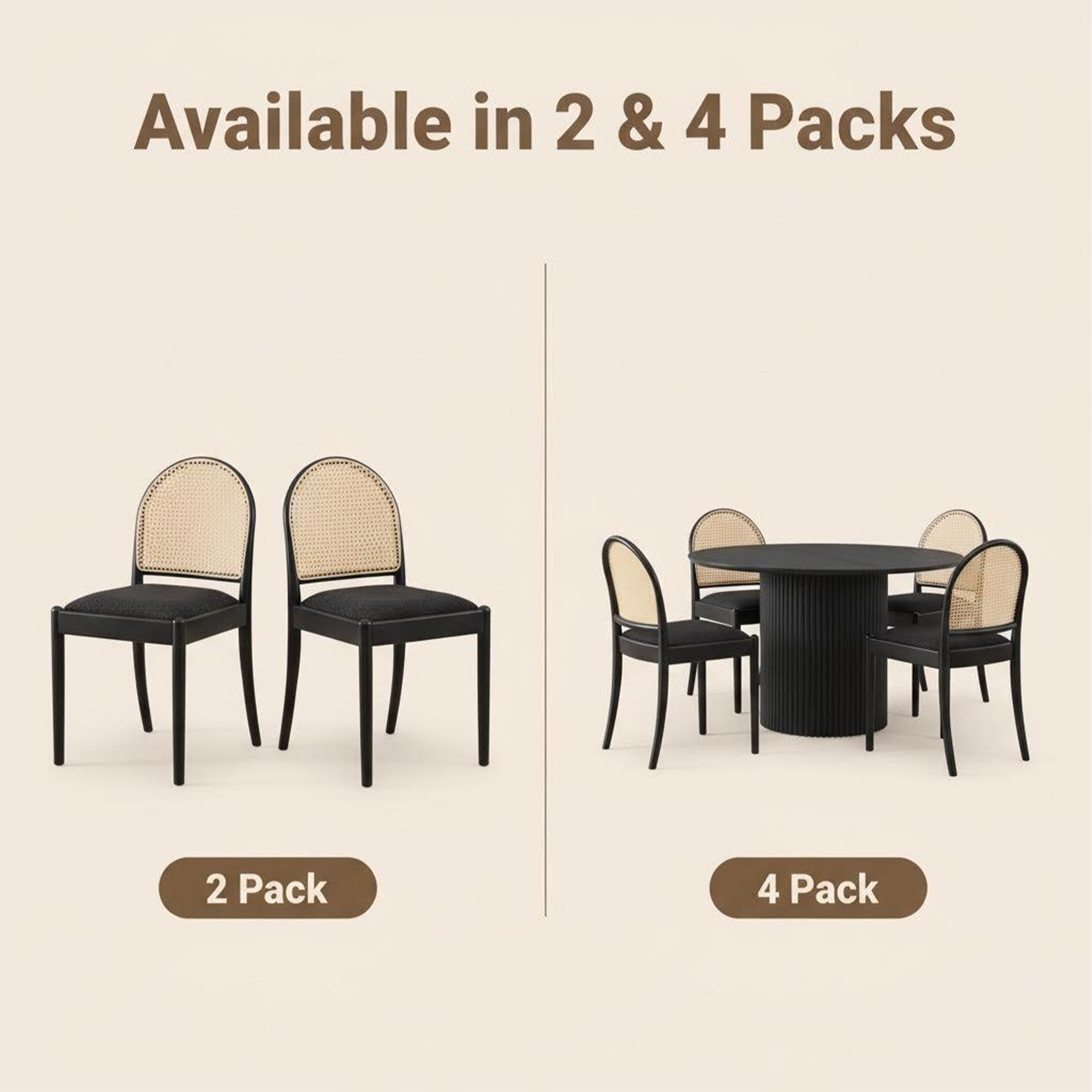 Set of 2 Rattan Dining Chairs Upholstered Linen Modern Wood-Leg Kitchen Chairs