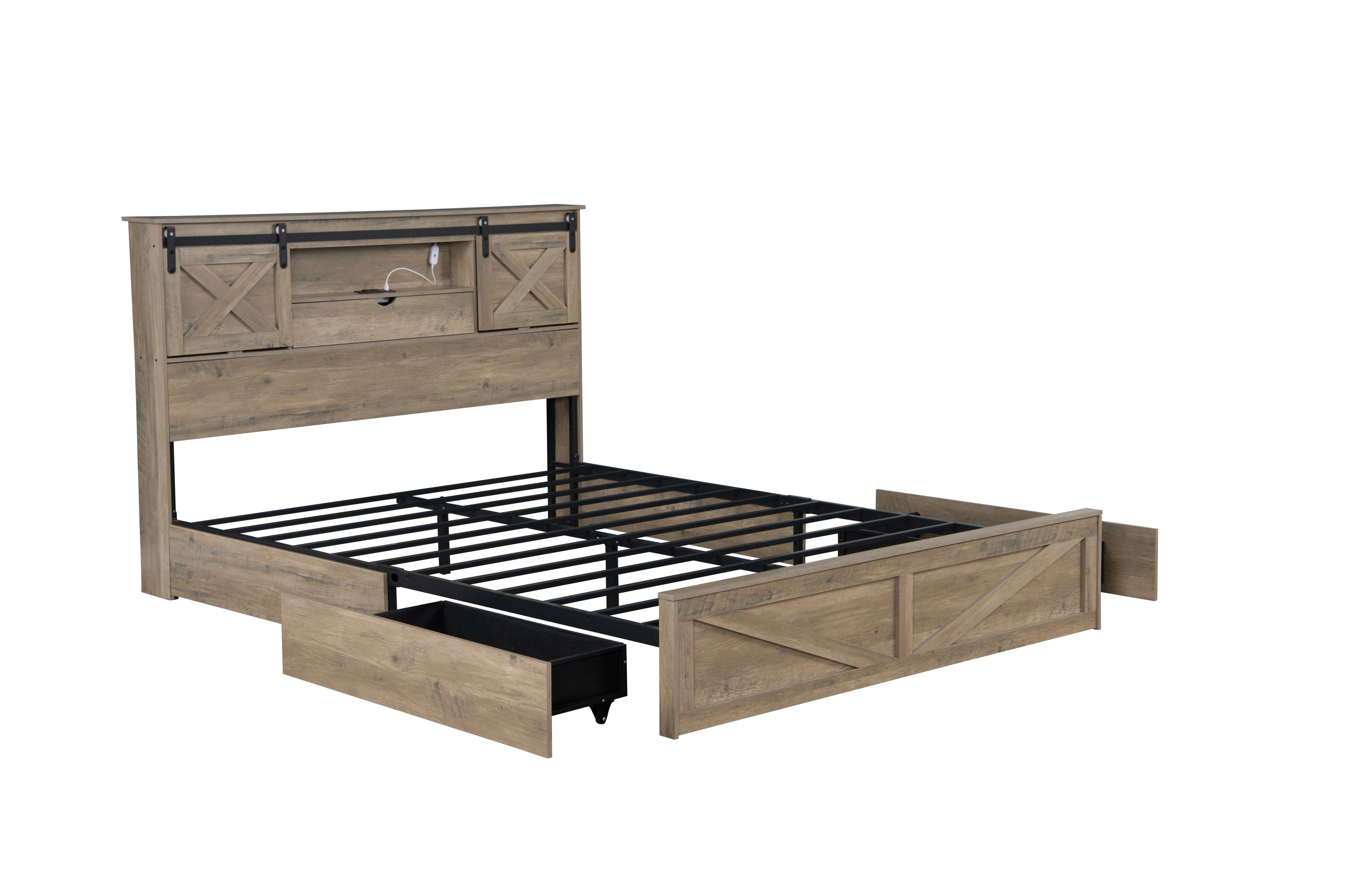Farmhouse Bed Frame Queen Size with LED Lights and Charging Station