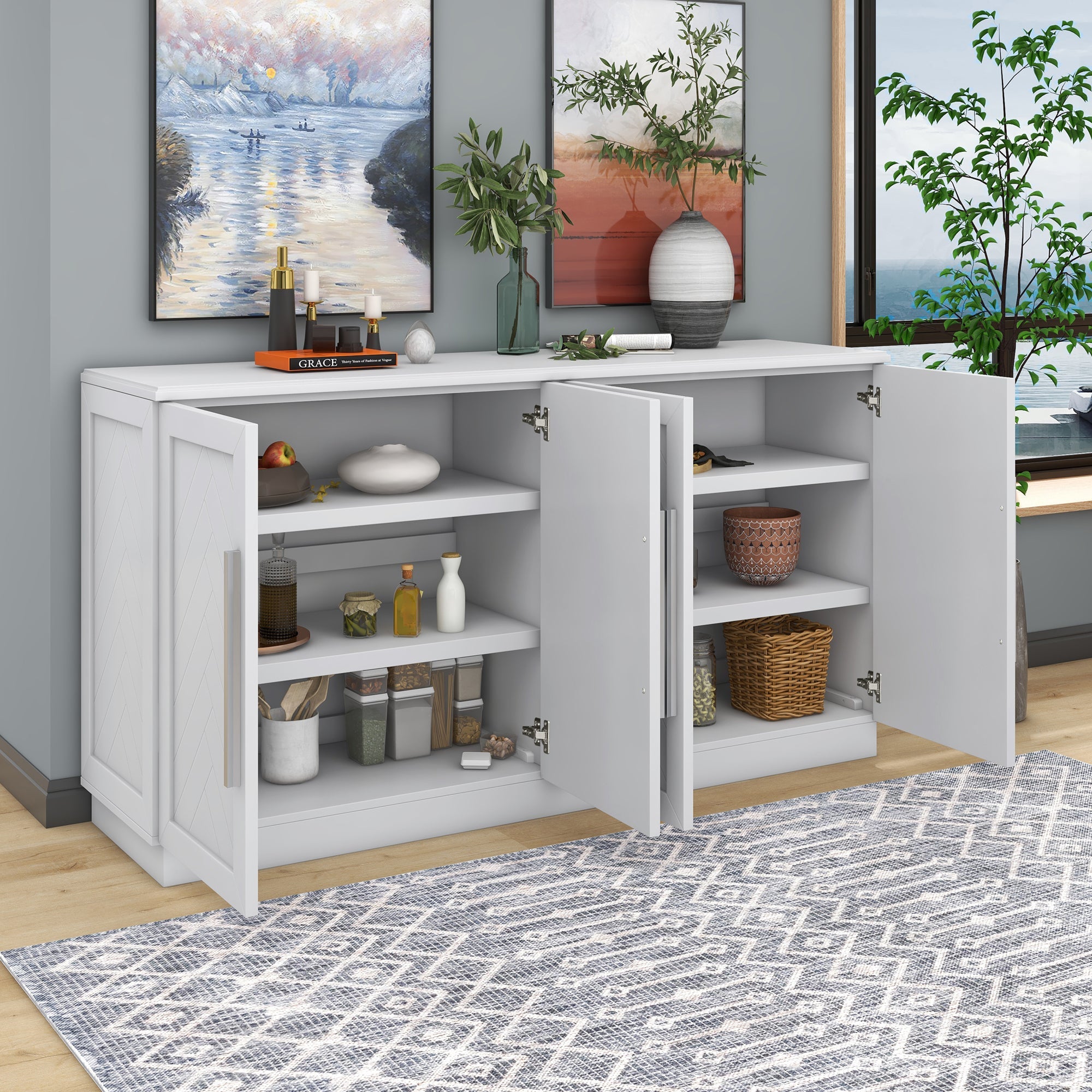 Buffet Cabinet with Adjustable Shelves and Silver Handles