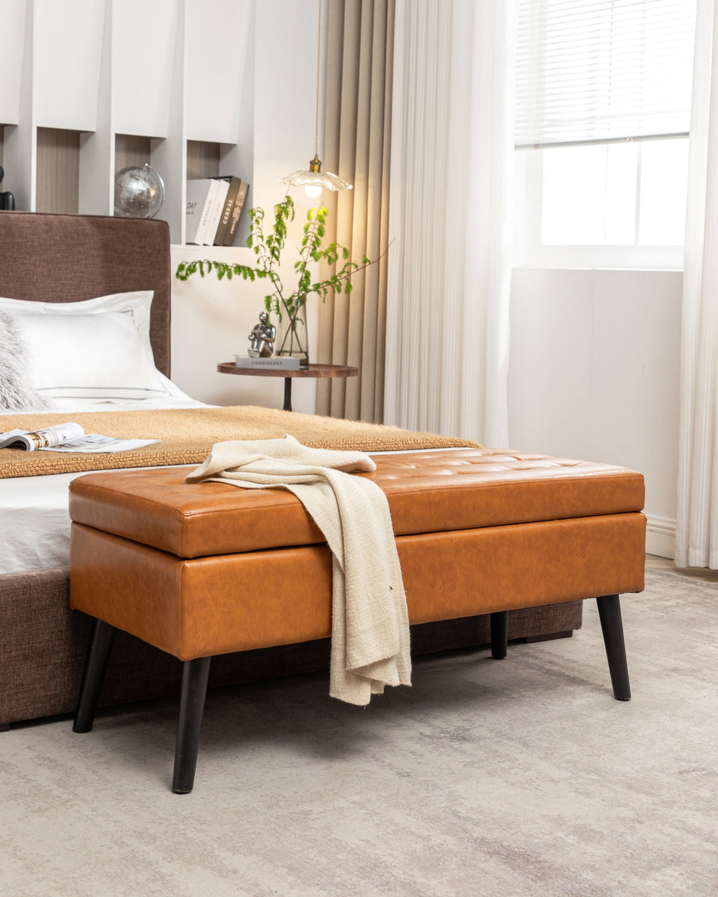 Brown PU Leather Storage Bench