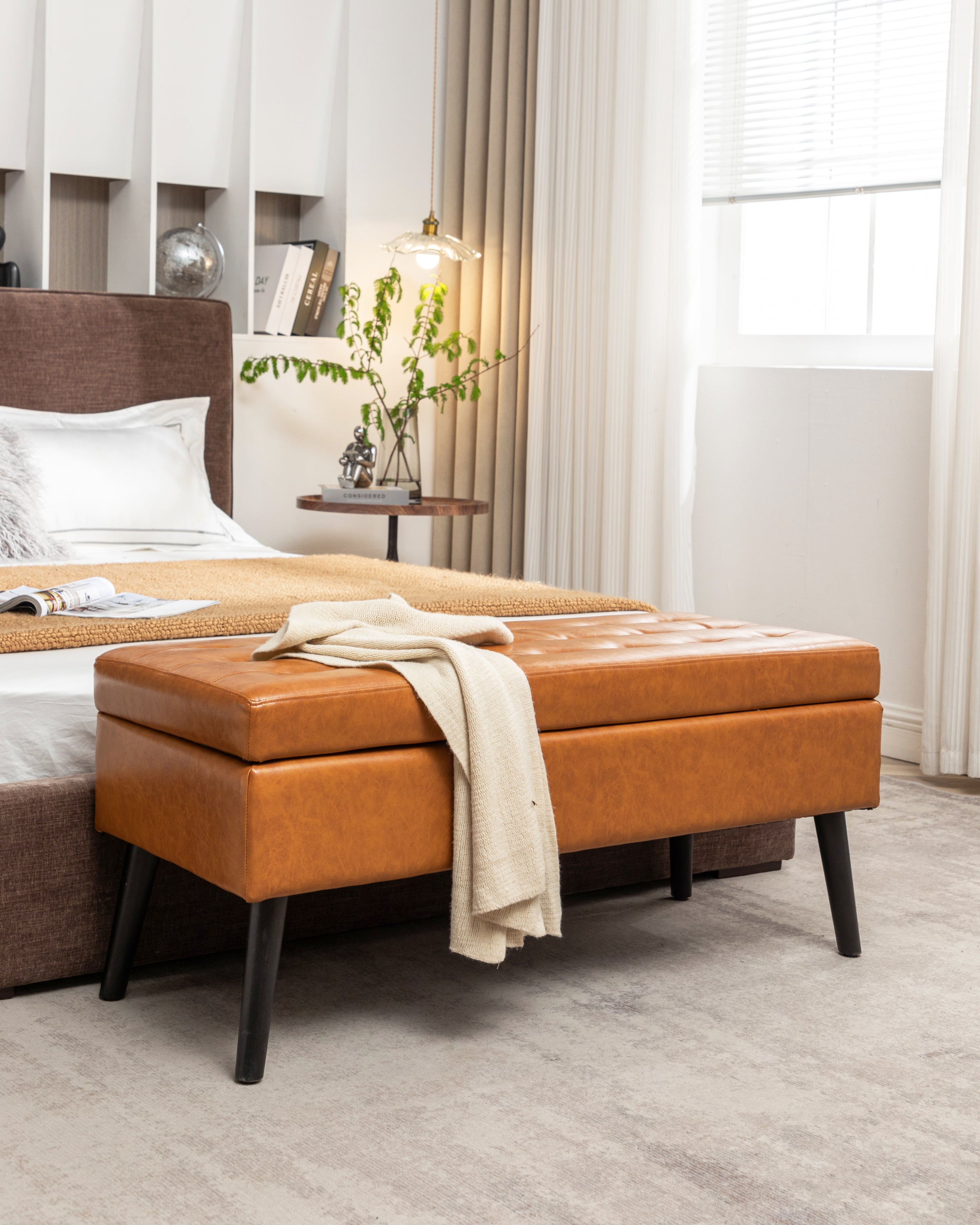 Brown PU Leather Storage Bench