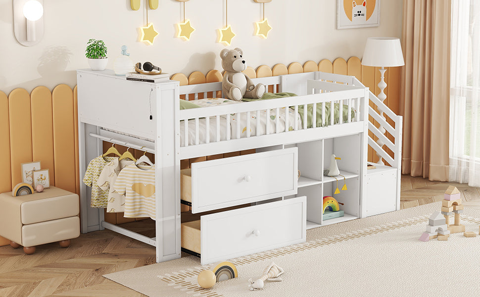 Twin Size Loft Bed with LED and Bookshelf