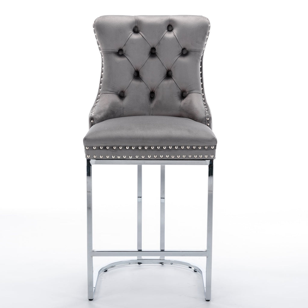 Luxury Elegant Nailhead Trim Tufted Velvet Bar Stools (Set of 2)