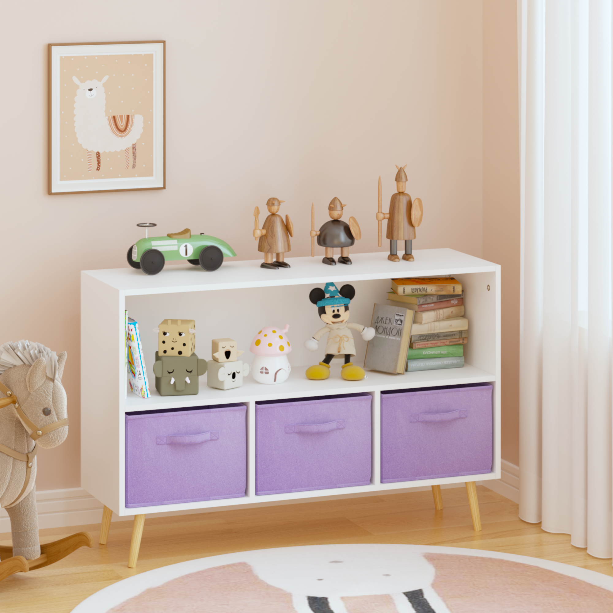 Children's Book Display Kids Bookcase with 3 Fabric Bins