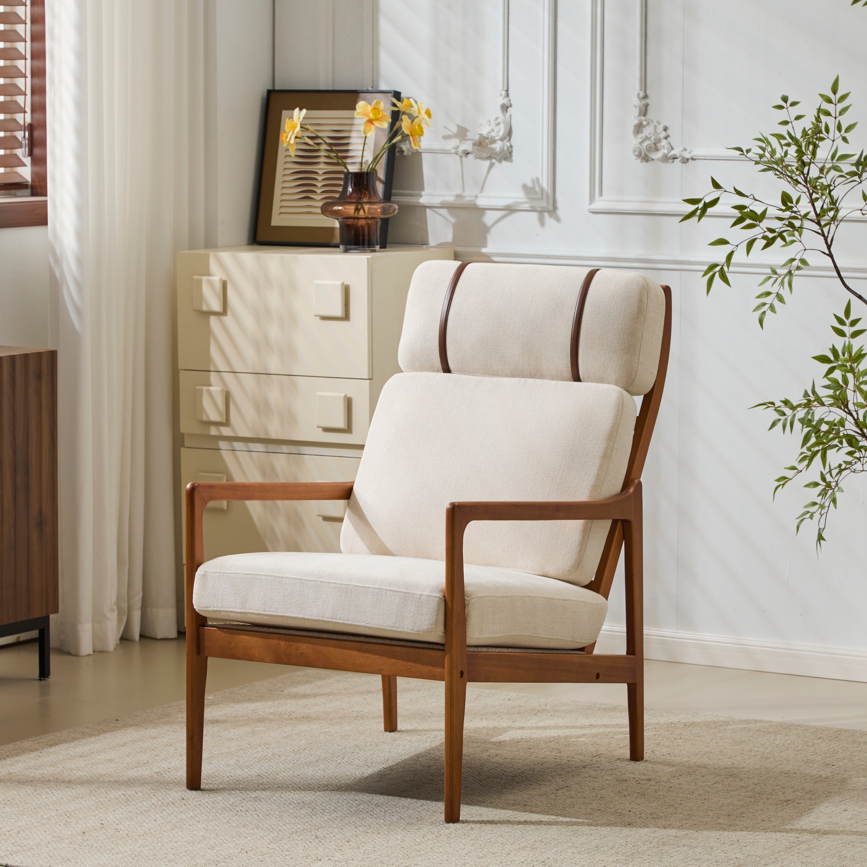 Modern Solid Wood Frame Ergonomic Accent Armchair with High Back