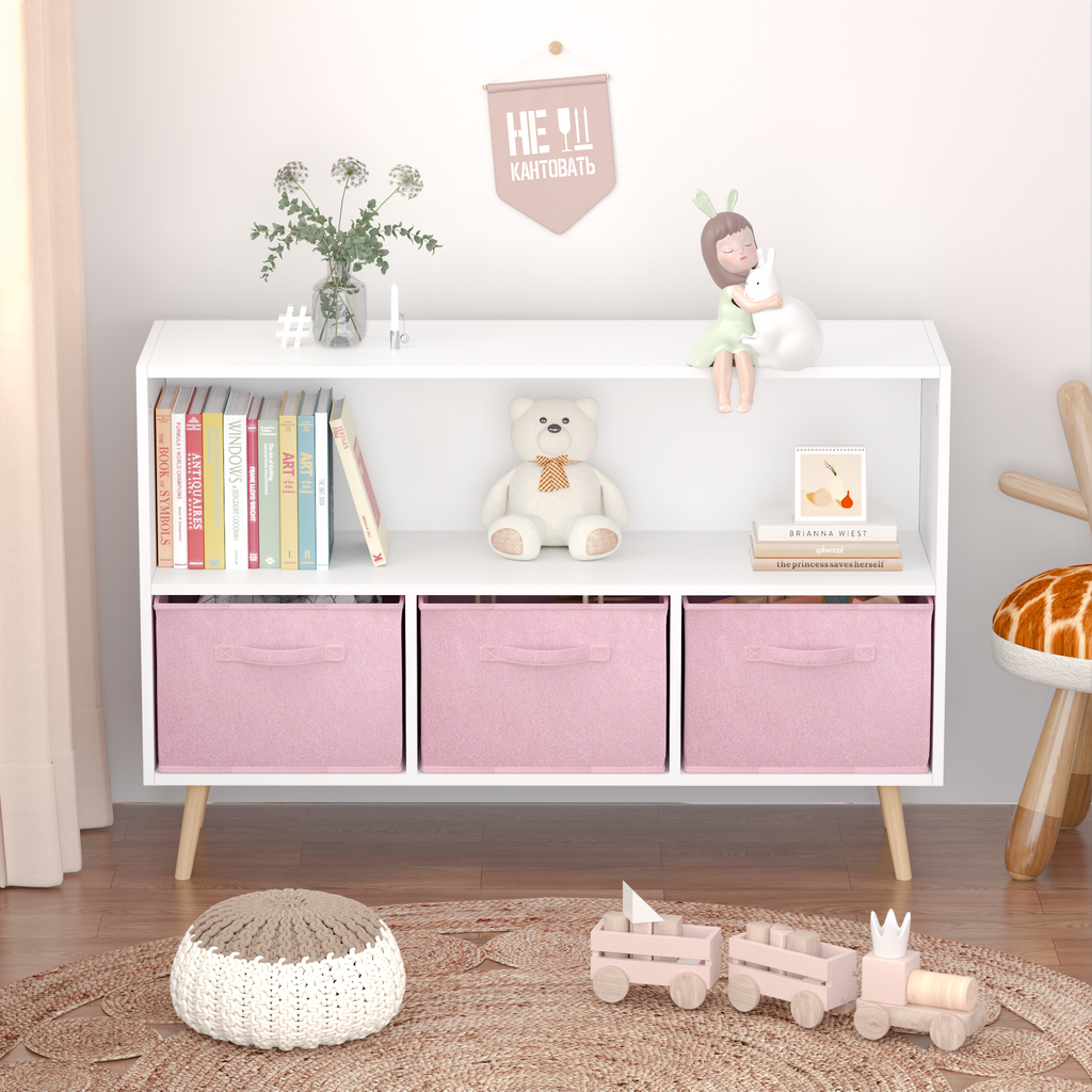 Children's Book Display Kids Bookcase with 3 Fabric Bins