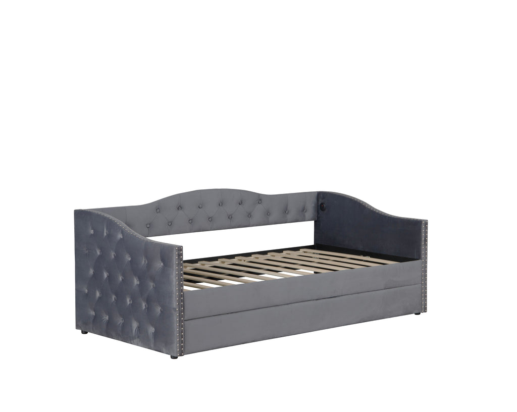 Twin Size Upholstered Daybed with Trundle and USB Charging Design