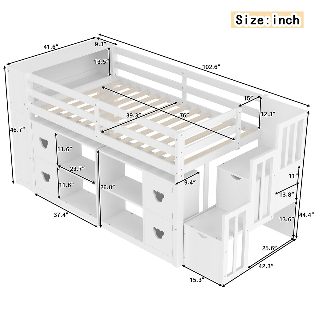Kids Twin Loft Bed with Storage Cabinets