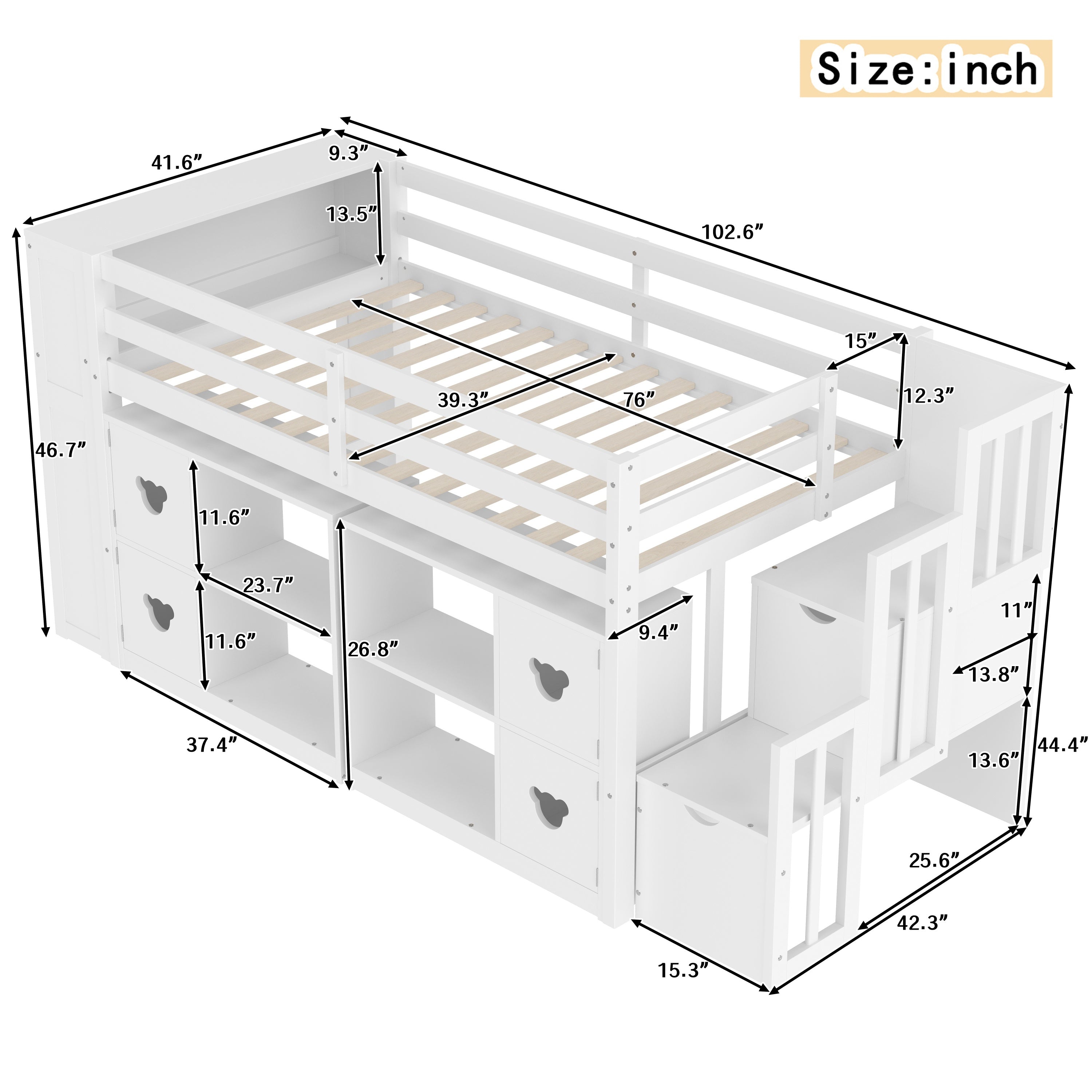 Kids Twin Loft Bed with Storage Cabinets