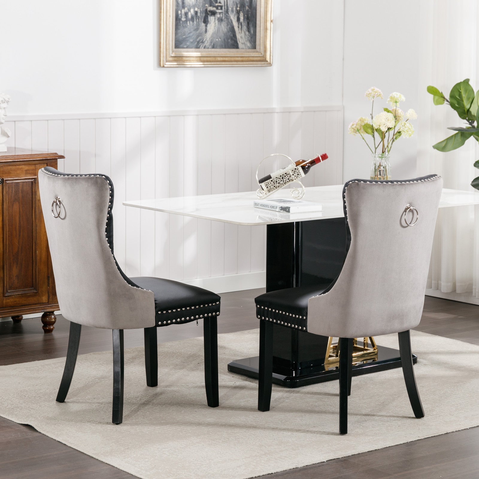 Tufted Solid Wood PU Upholstered Dining Chair with Wood Legs (Set of 2)