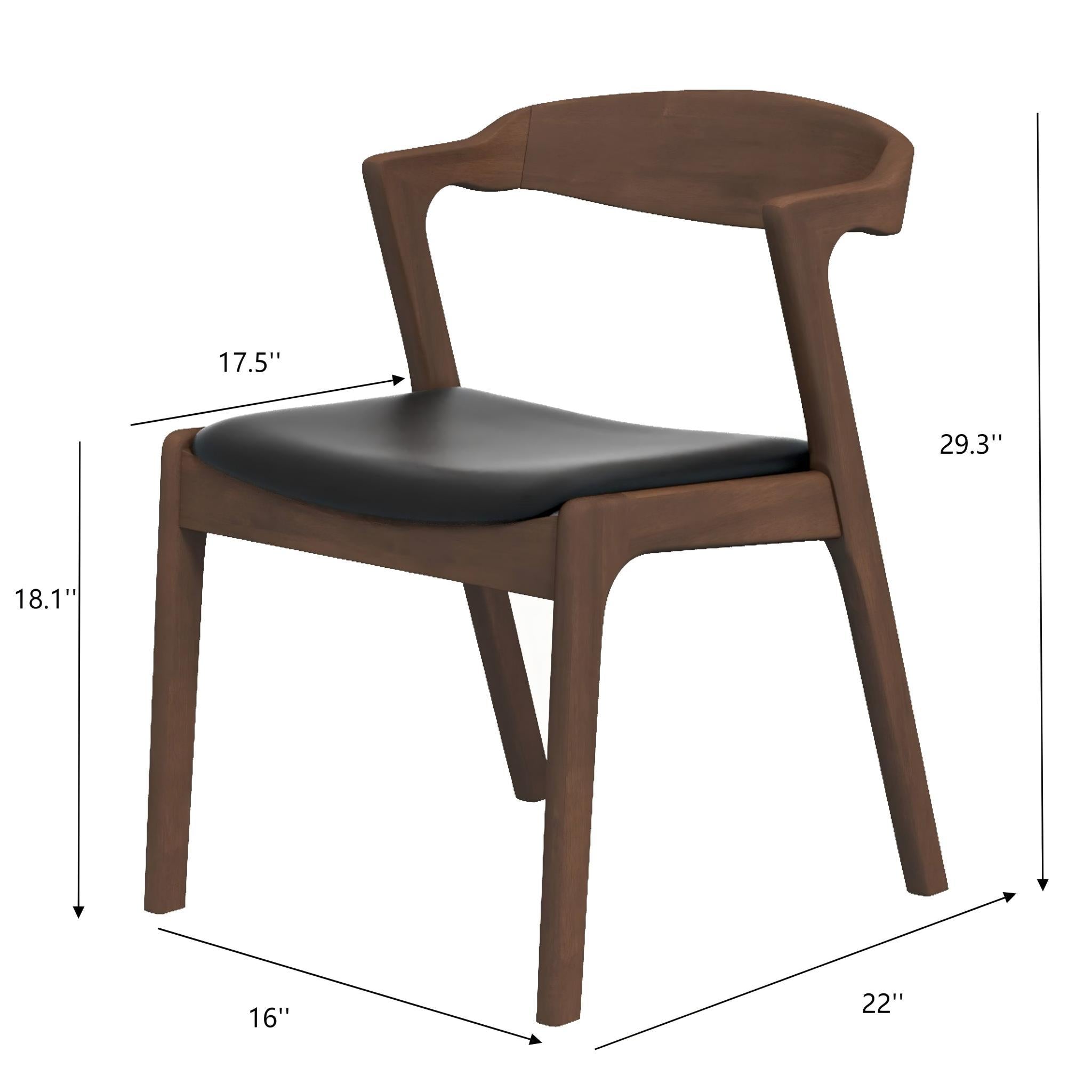 Mid-Century Solid Wood Dining Chair Set with Black Leather Upholstery (Set of 2)