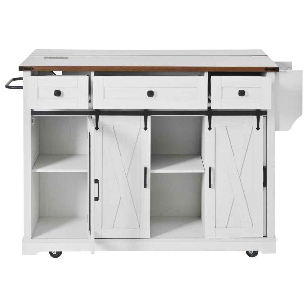 58“ Farmhouse Kitchen Island with Storage Sliding Barn Door Metal Grid Side Door