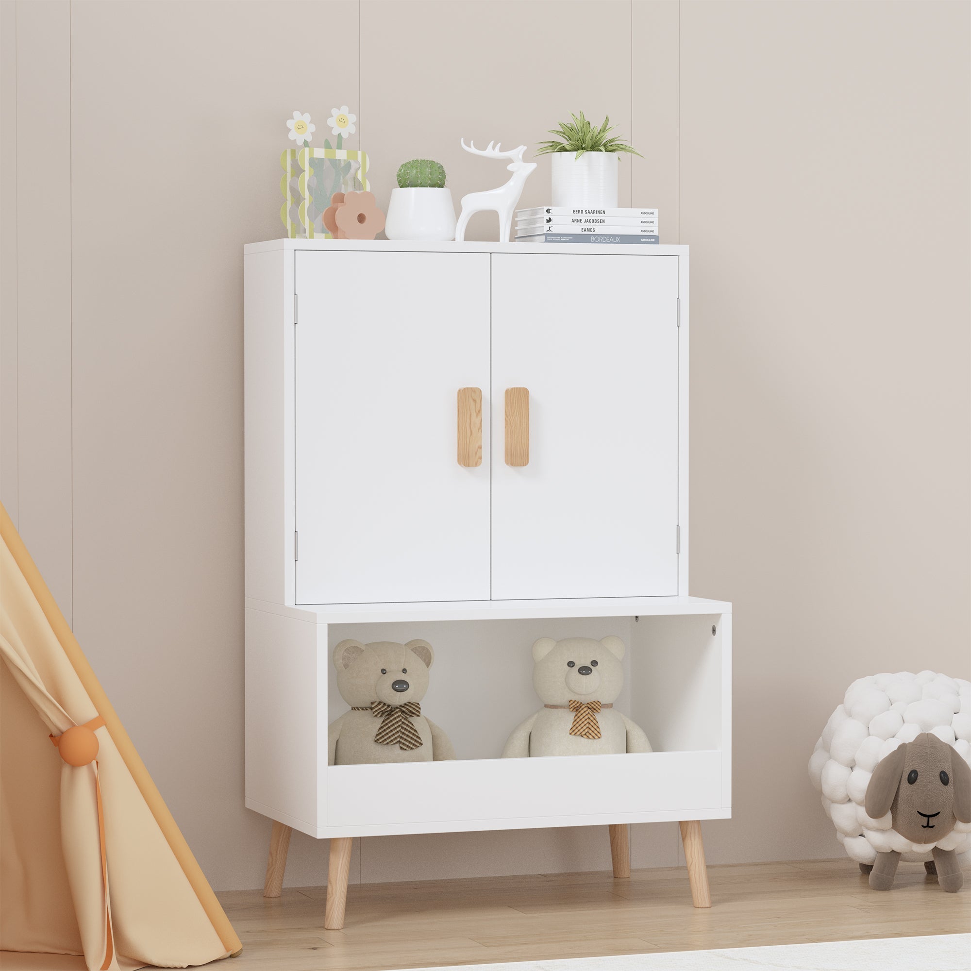 White Modern Wooden Toy Storage Cabinet with Natural Wood Legs