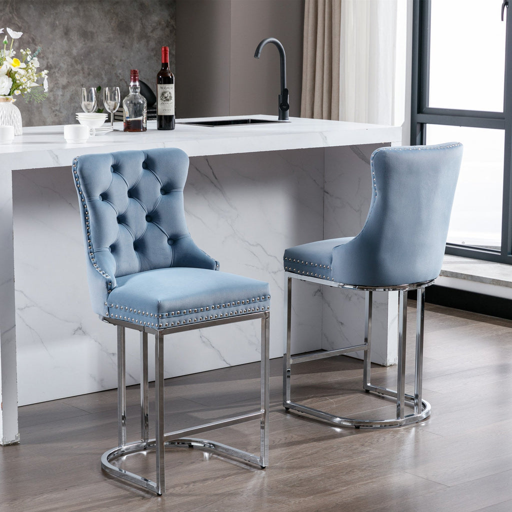 Luxury Elegant Nailhead Trim Tufted Velvet Bar Stools (Set of 2)