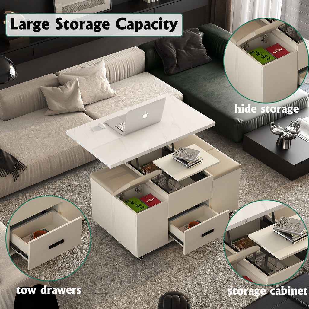 Modern Lift-Up Coffee Table with 4 Stools Set