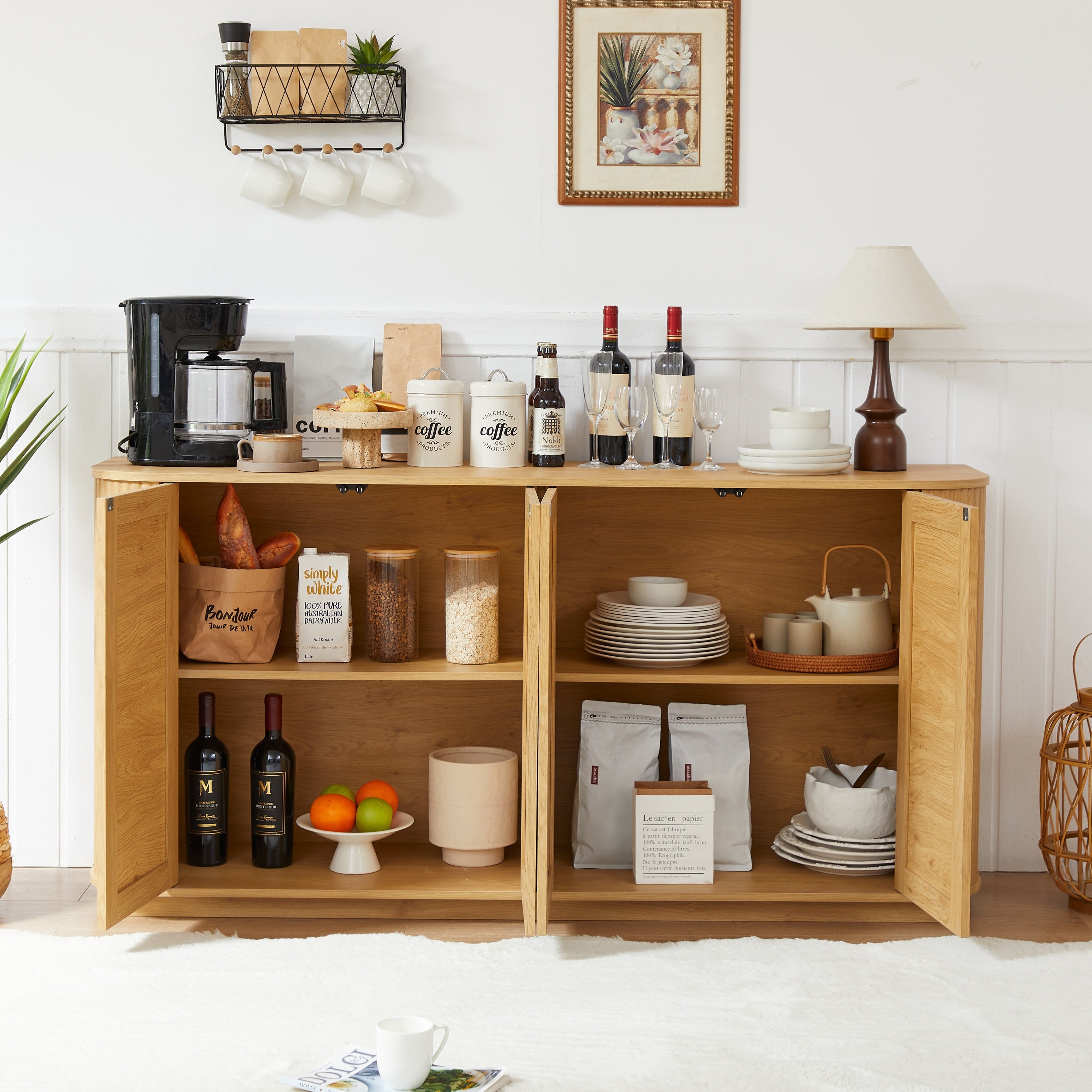 Contemporary Wave Shaped 64-Inch TV Stand with Rattan Doors