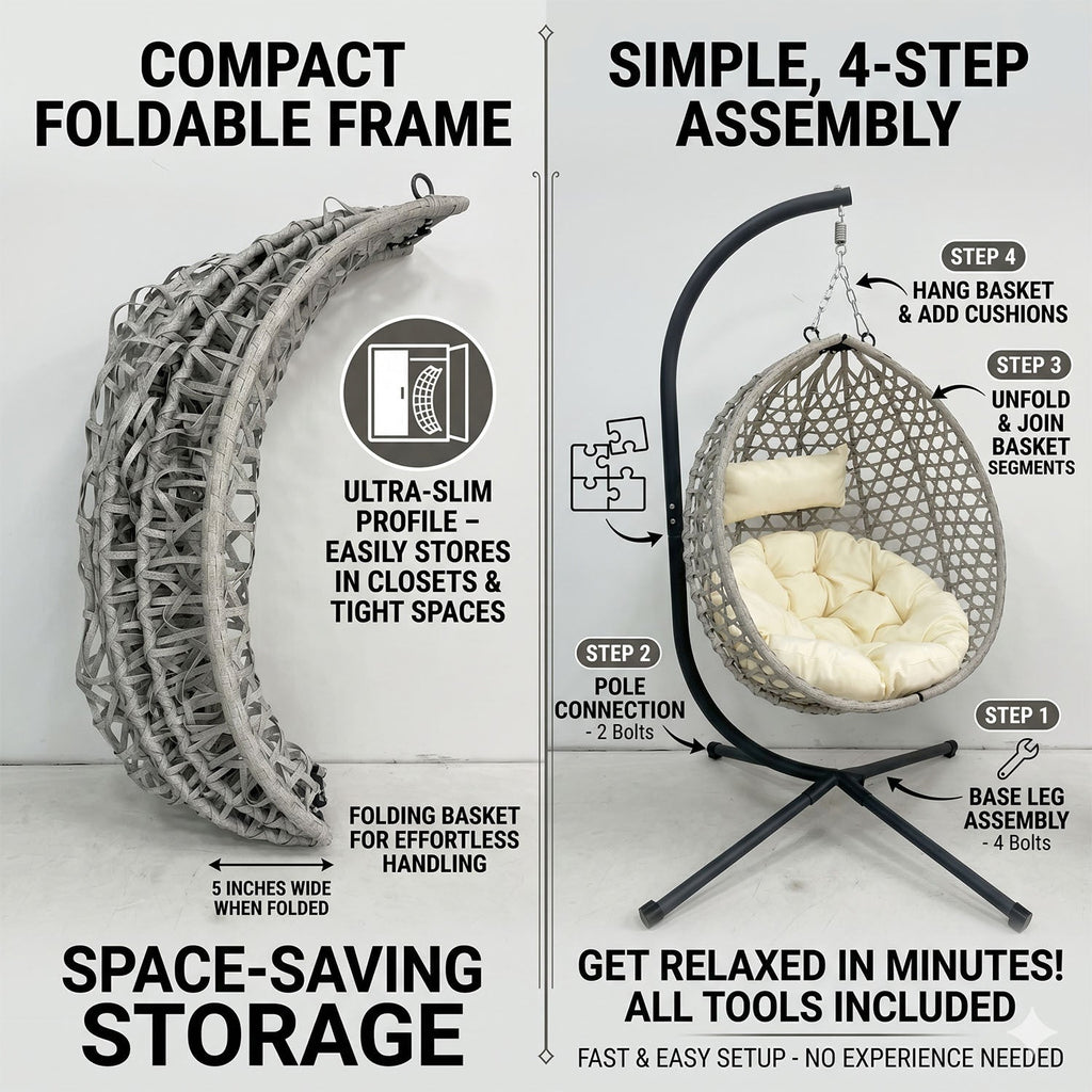 Folding PE Rattan Hanging Egg Chair with Aluminum Steel Frame