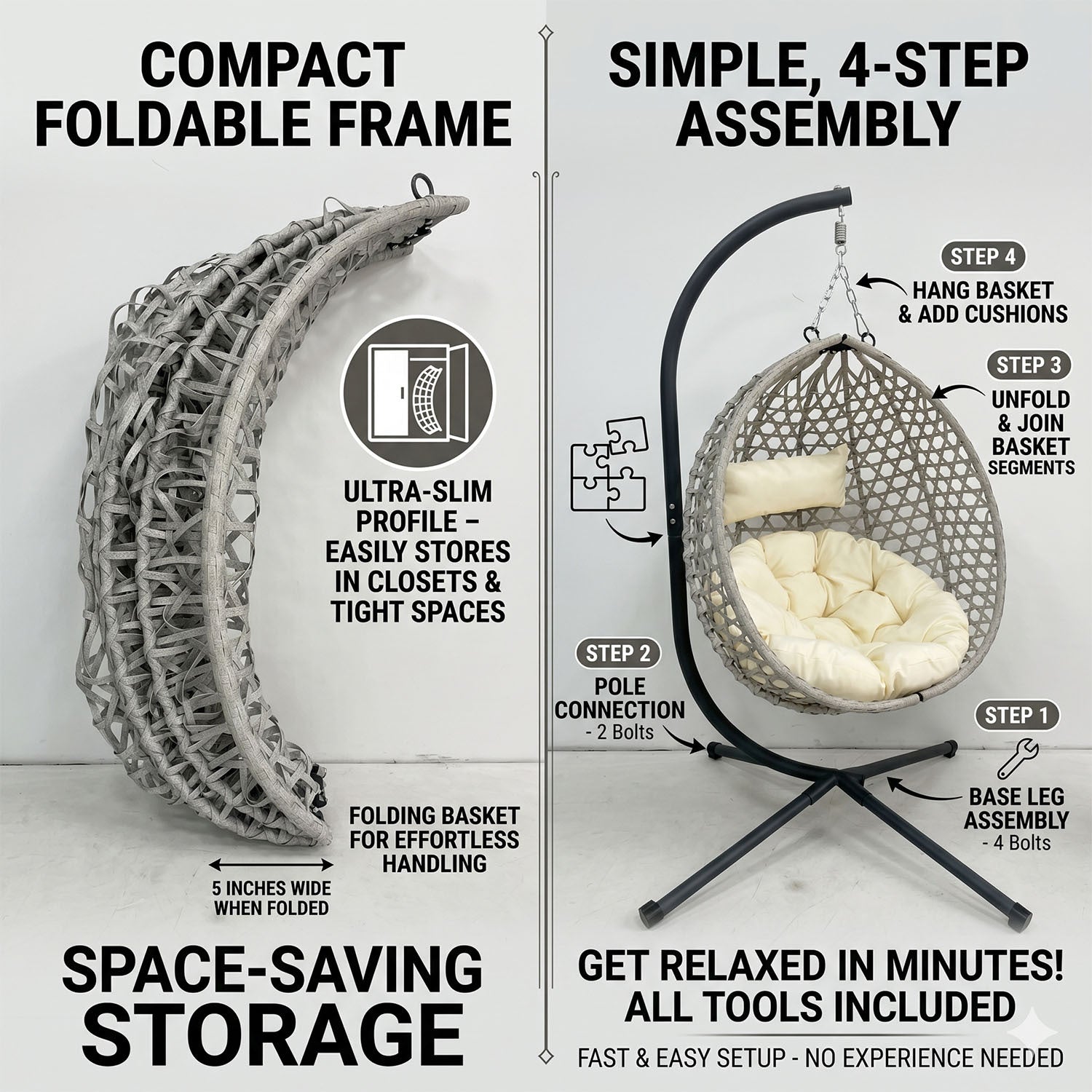 Folding PE Rattan Hanging Egg Chair with Aluminum Steel Frame