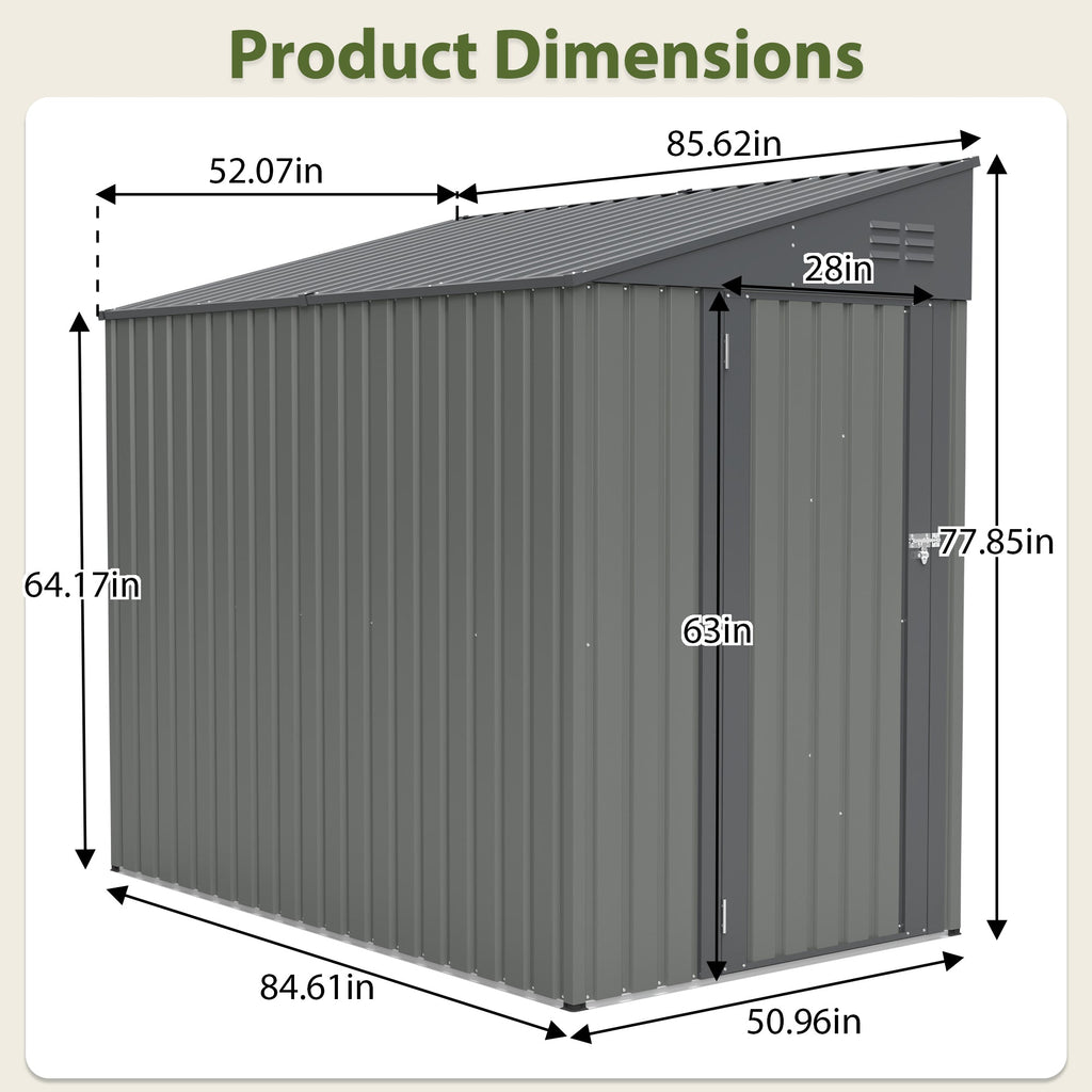 4x7 FT Lean To Shed Olive Grey Heavy Duty Steel Outdoor Garden Storage Case