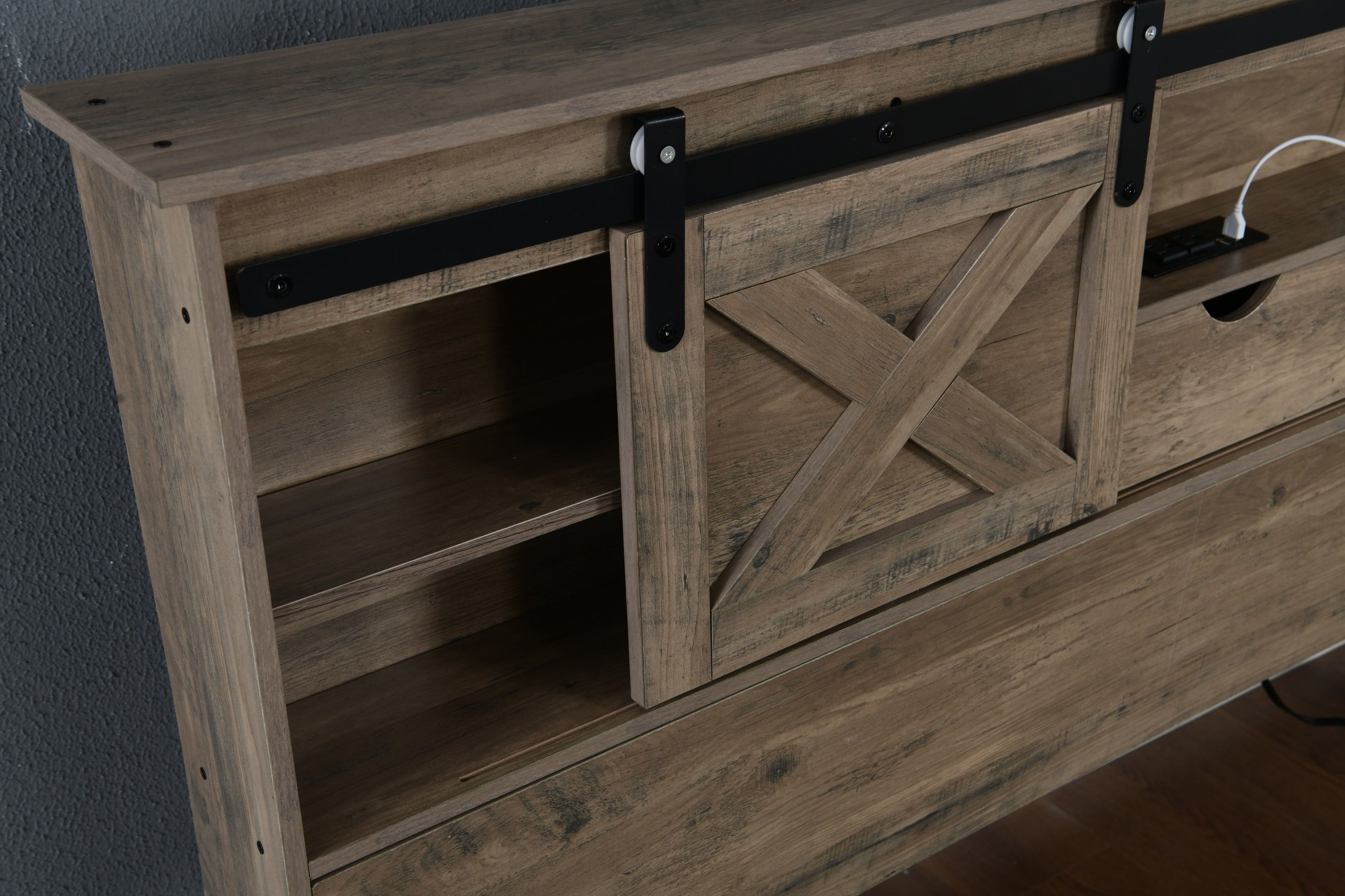 Farmhouse Bed Frame Queen Size with LED Lights and Charging Station