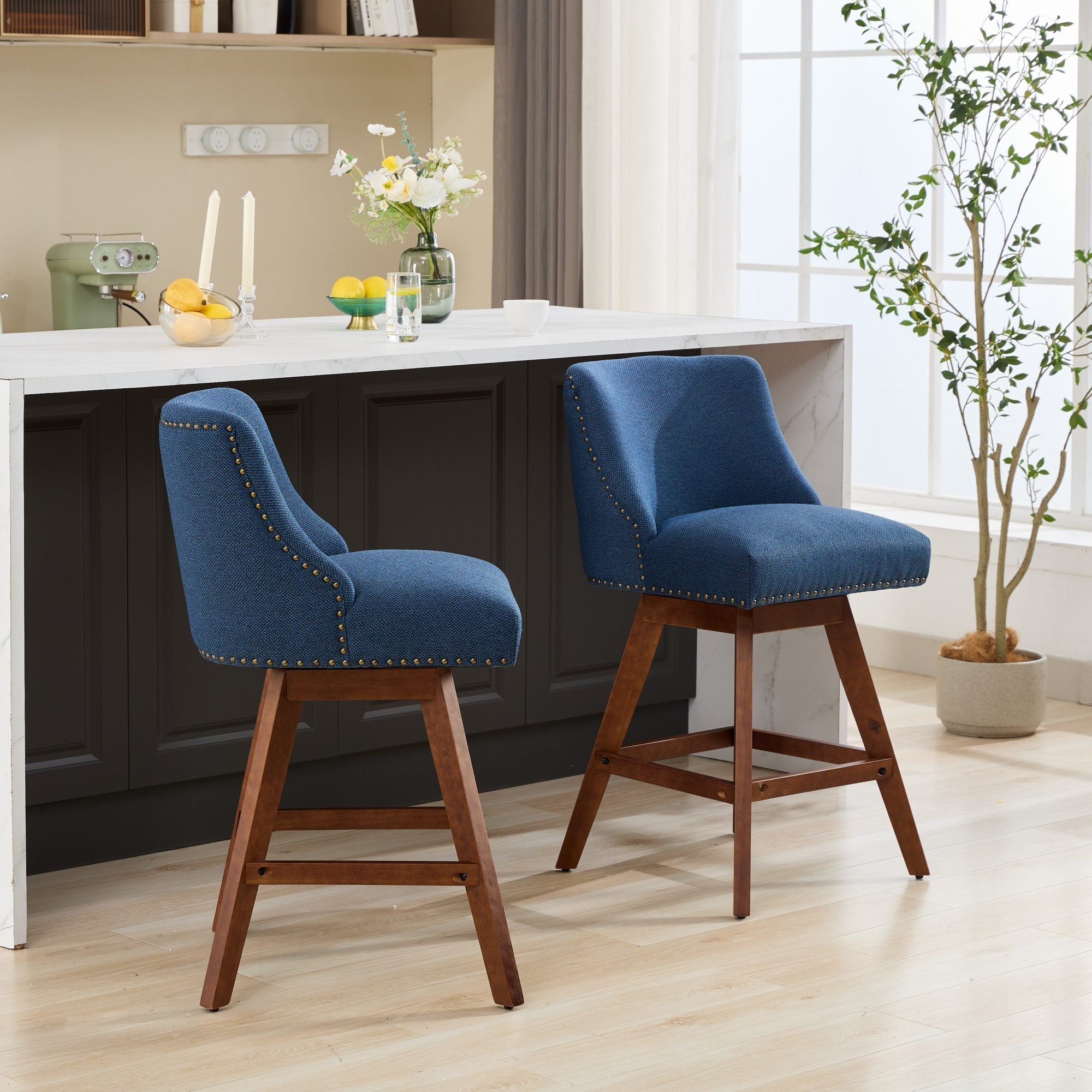 Upholstered Swivel Counter Height Bar Stools with Nailhead Trim (Set of 2)
