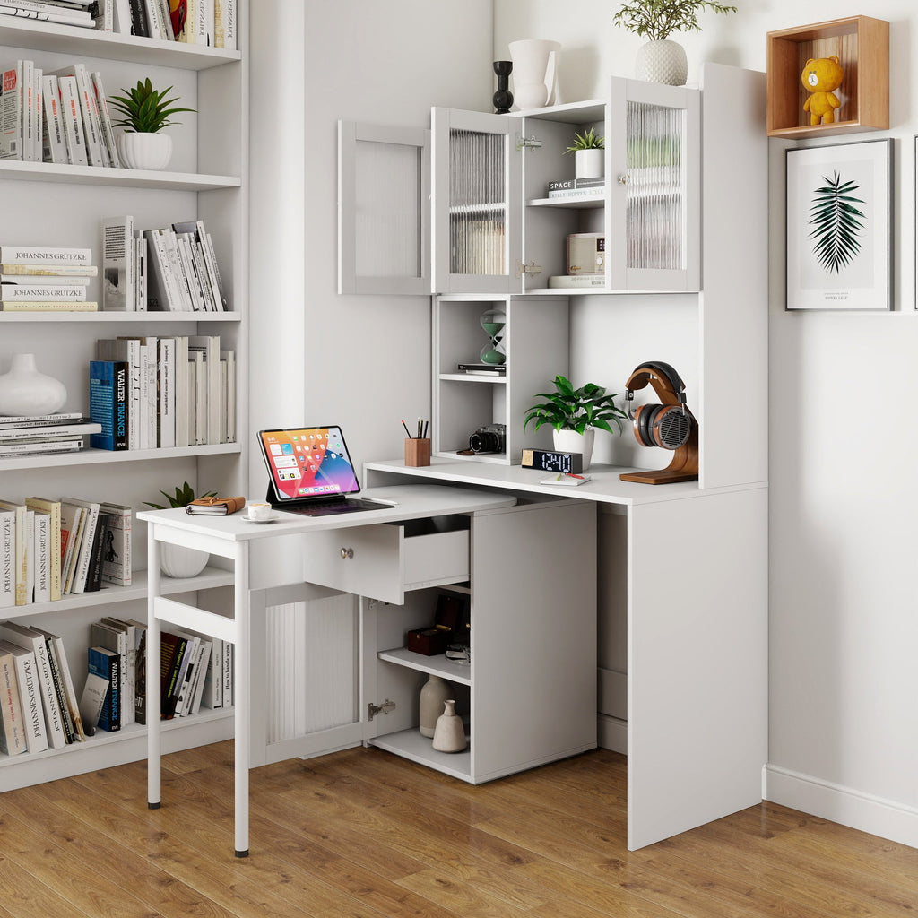 90 Degree Rotating Desktop Computer Desk with Glass Door for Home Office