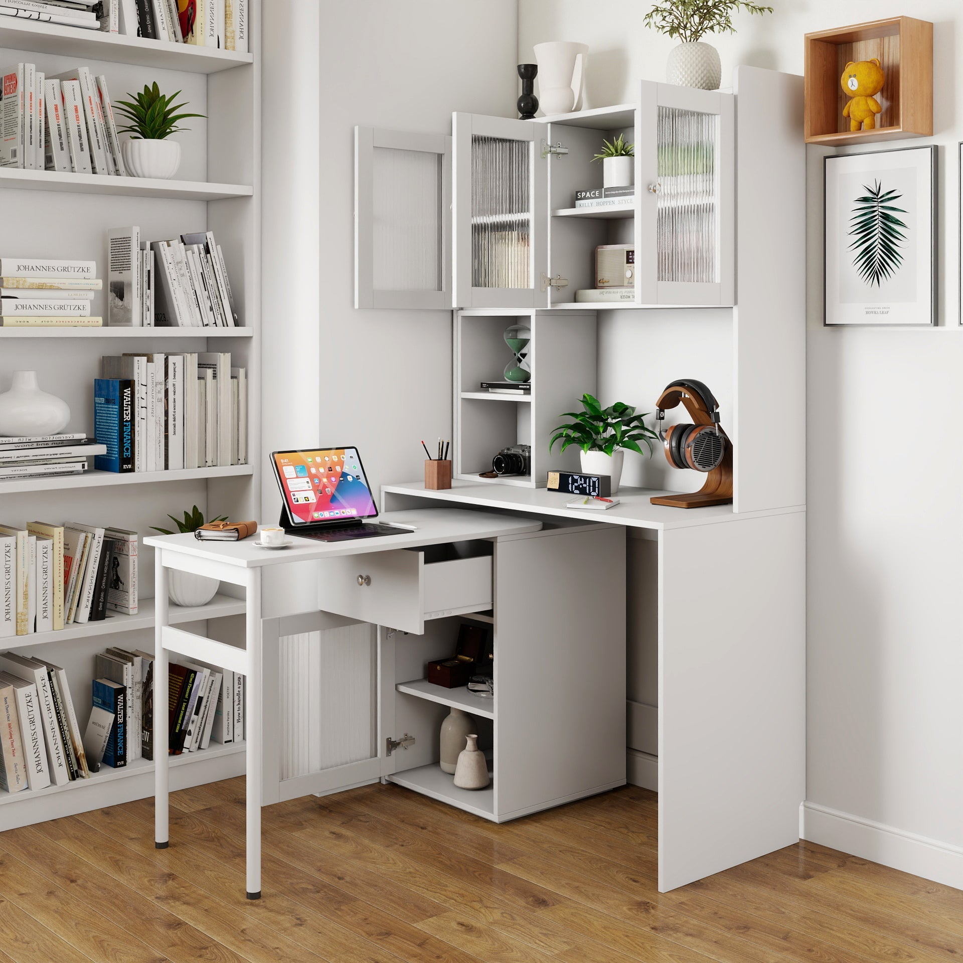 90 Degree Rotating Desktop Computer Desk with Glass Door for Home Office