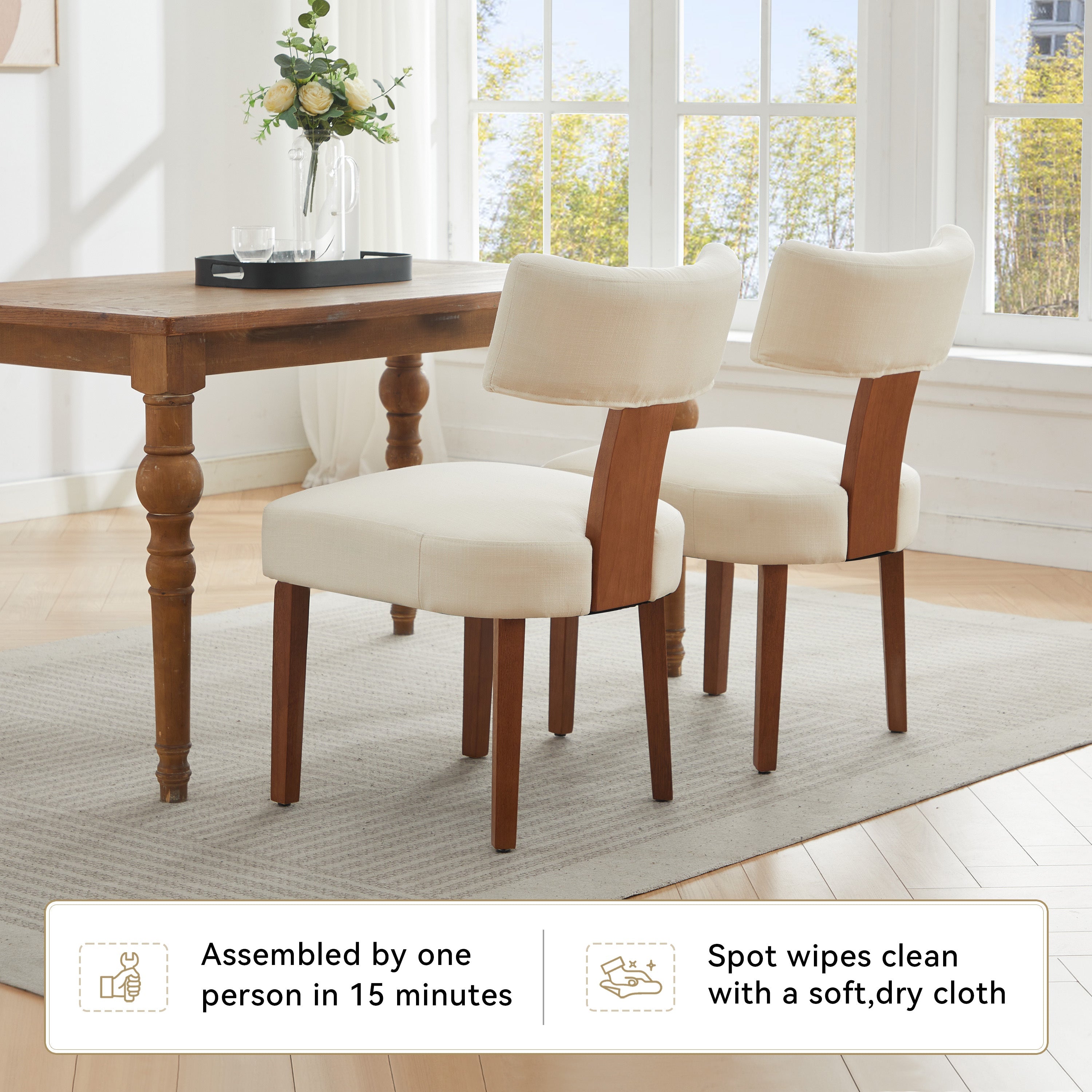 2Pcs  Modern Armless Dining Chairs With Curved Wingback and Solid Wooden Legs