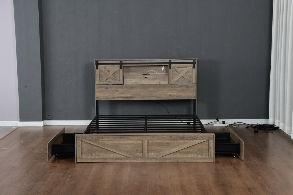 Farmhouse Bed Frame Queen Size with LED Lights and Charging Station