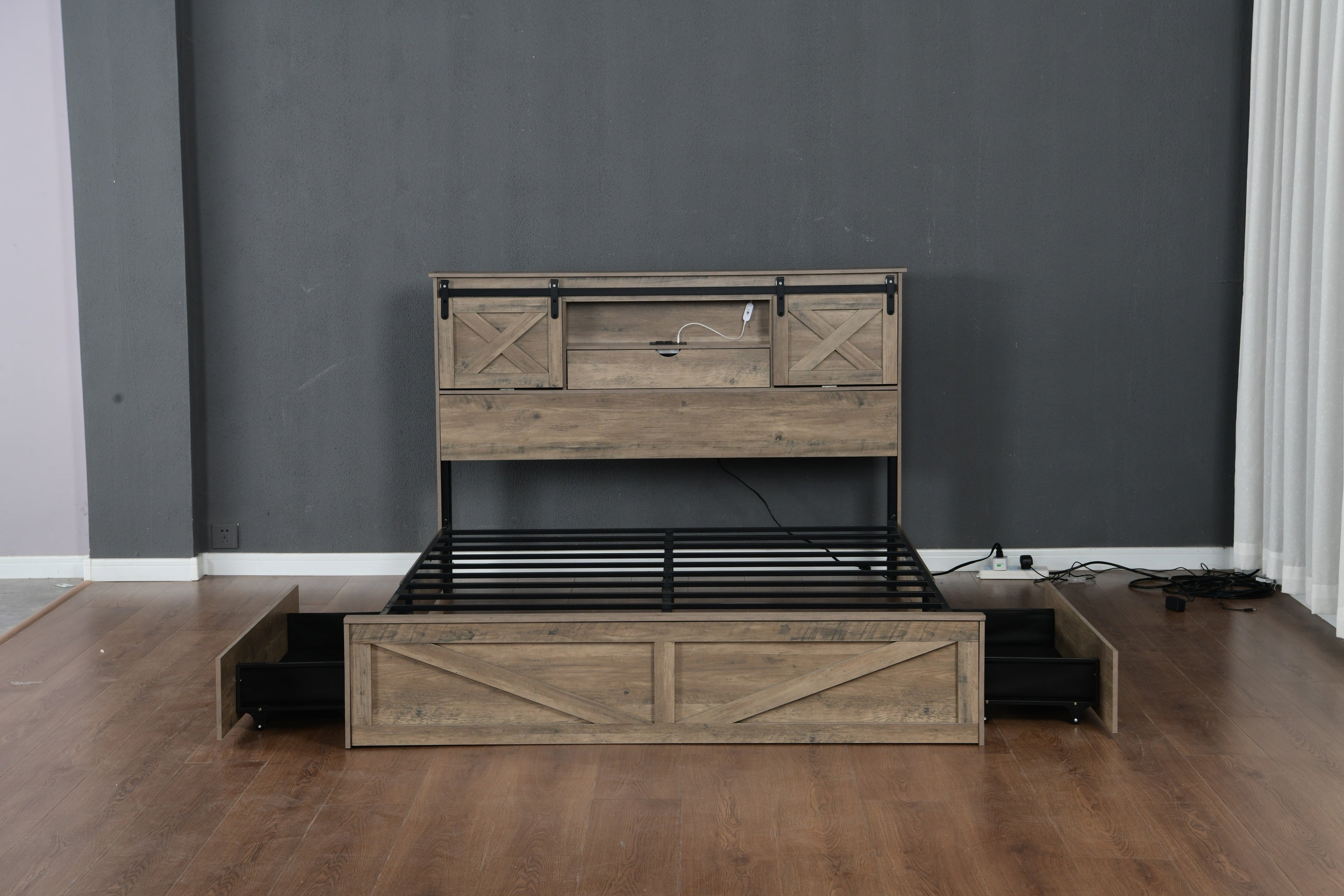 Farmhouse Bed Frame Queen Size with LED Lights and Charging Station