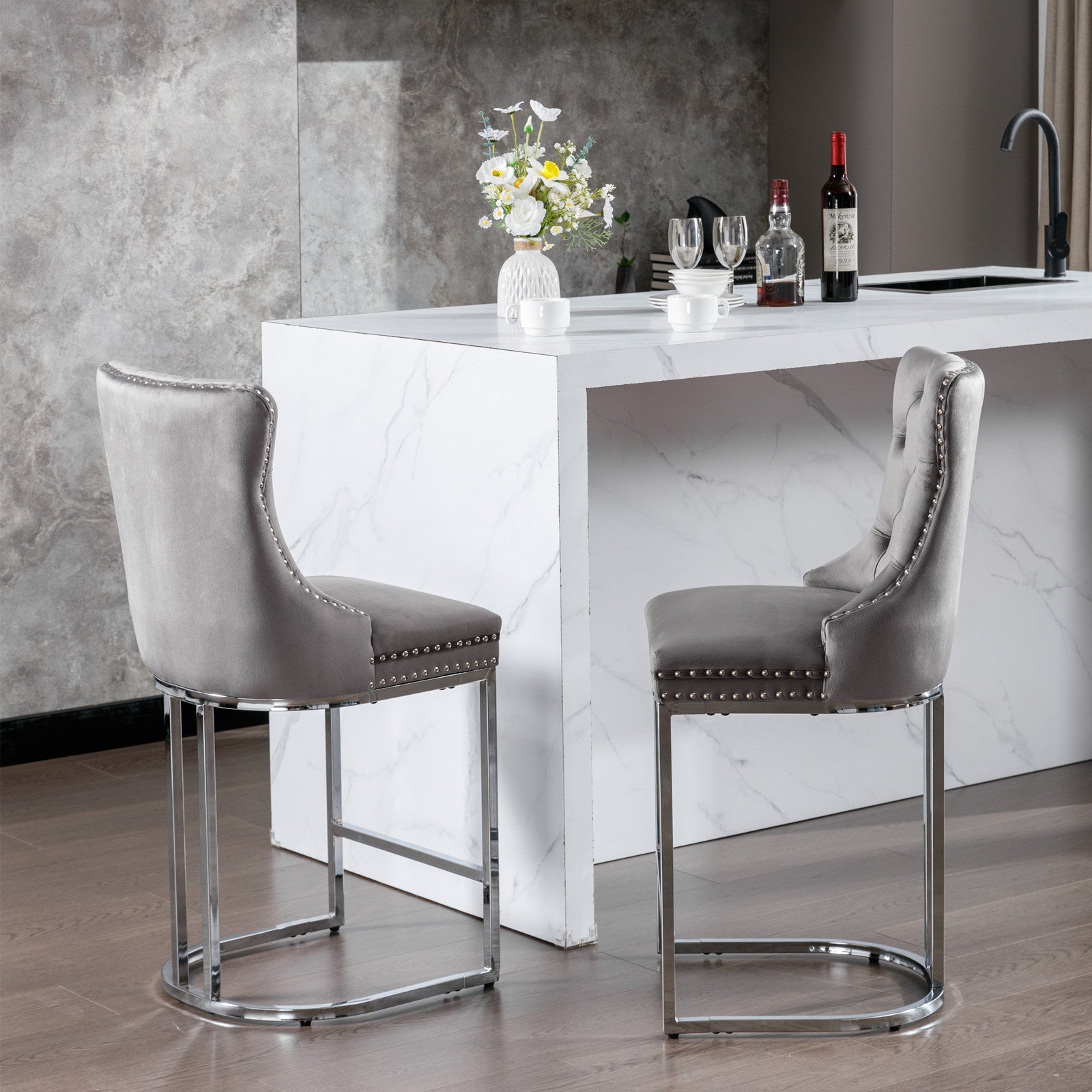 Luxury Elegant Nailhead Trim Tufted Velvet Bar Stools (Set of 2)