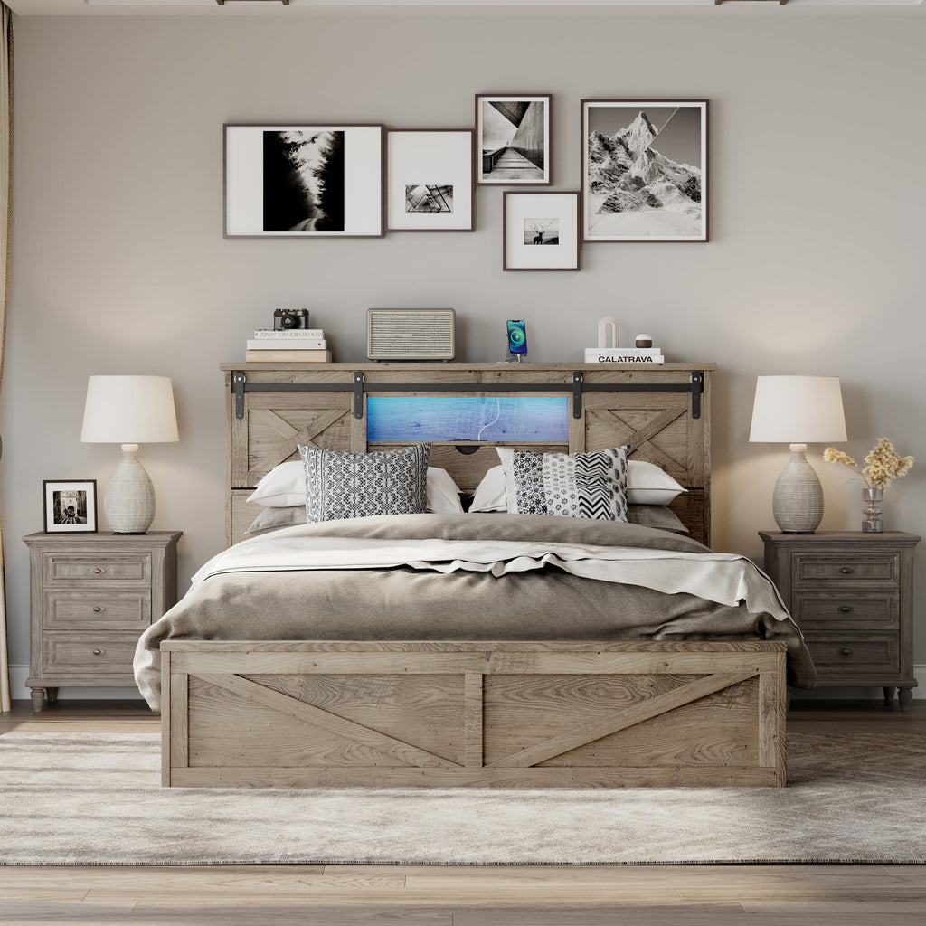 Farmhouse Bed Frame Queen Size with LED Lights and Charging Station