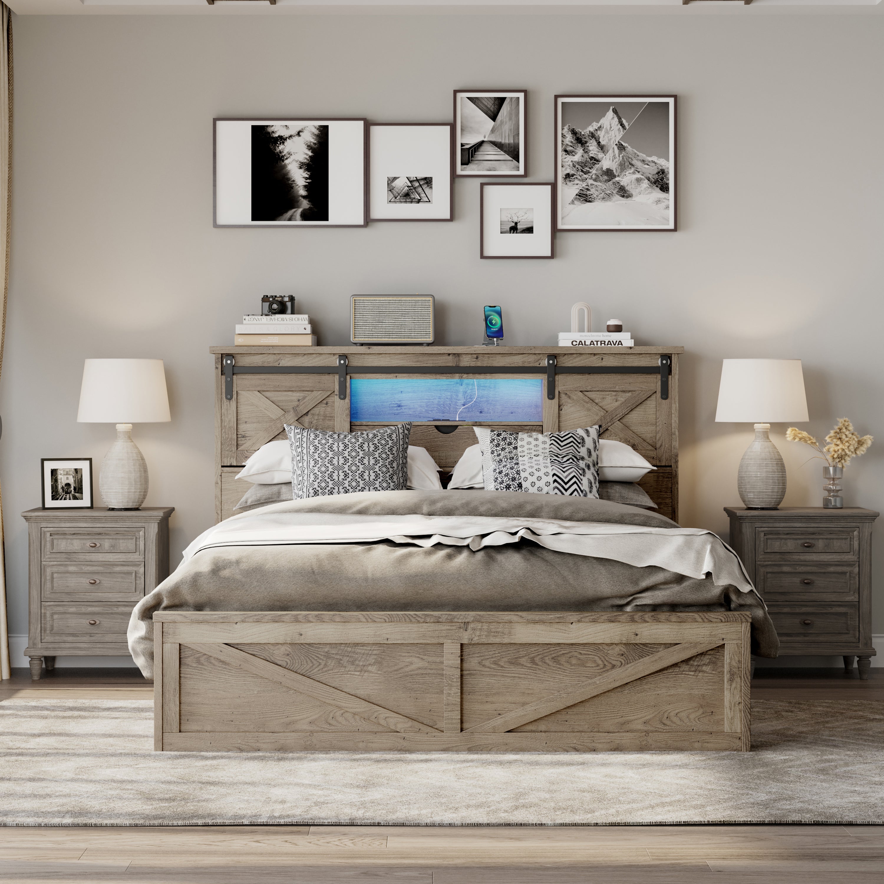 Farmhouse Bed Frame Queen Size with LED Lights and Charging Station