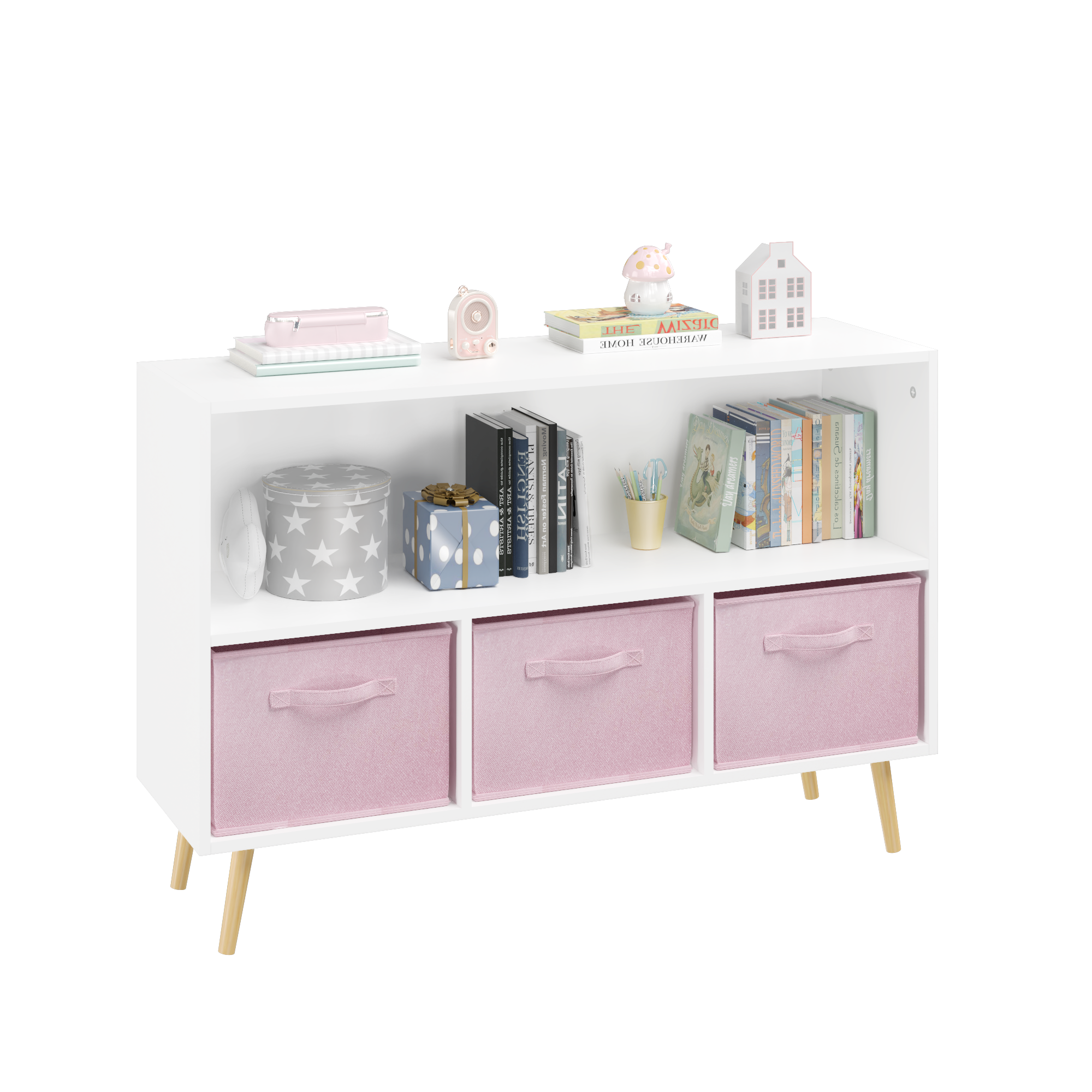 Children's Book Display Kids Bookcase with 3 Fabric Bins