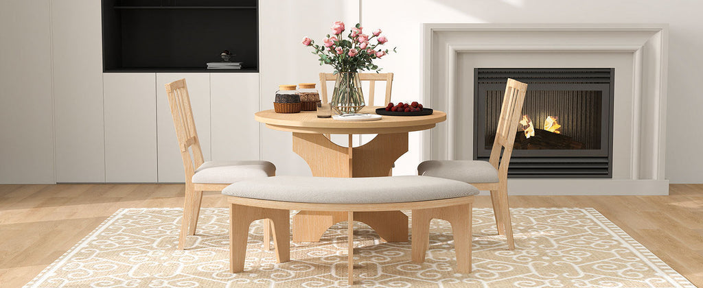 Rustic Charm Round Dining Set with 3 Upholstered Chairs