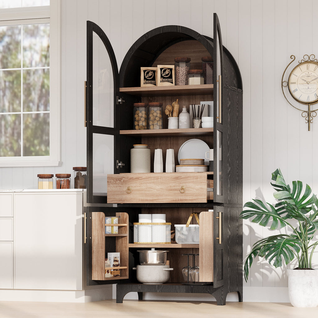 71" Tall Arched Farmhouse Kitchen Pantry Cabinet with Door Shelves