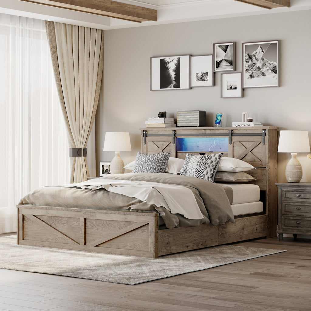 Farmhouse Bed Frame Queen Size with LED Lights and Charging Station