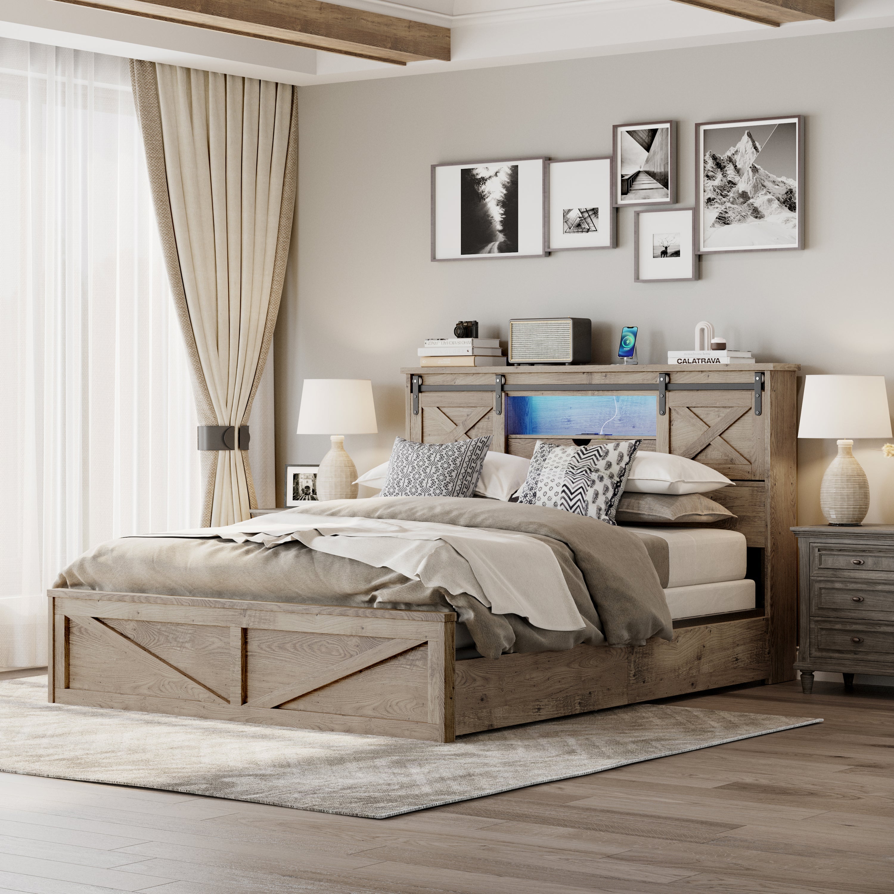 Farmhouse Bed Frame Queen Size with LED Lights and Charging Station