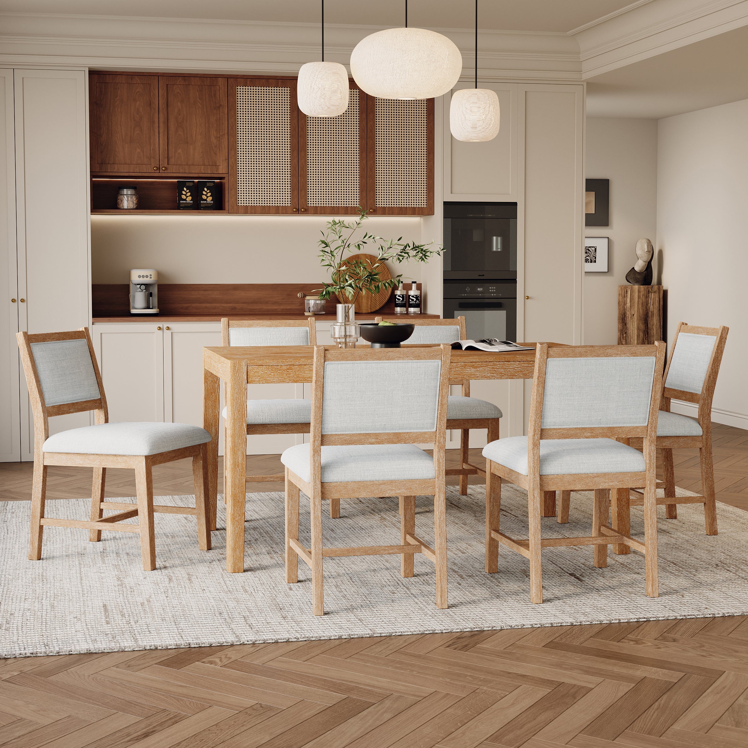 7-Piece Retro Rectangular Wood Dining Table Set