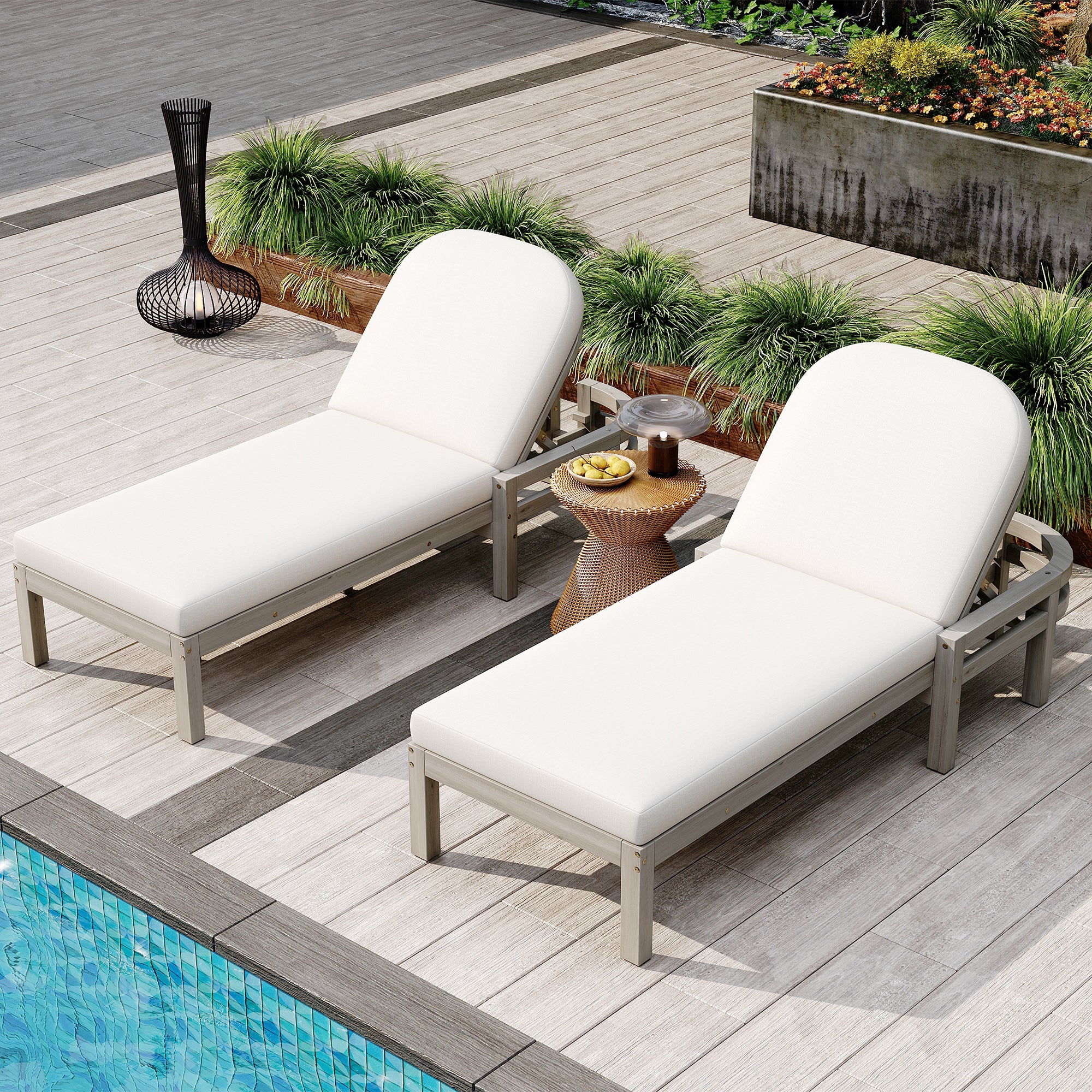 Acacia Wood Chaise Lounge Chairs 5-Position Adjustable Backrest for Patio Poolside