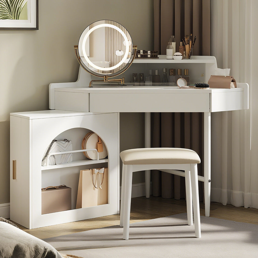 Modern Corner Vanity Set with Mirror and Stool