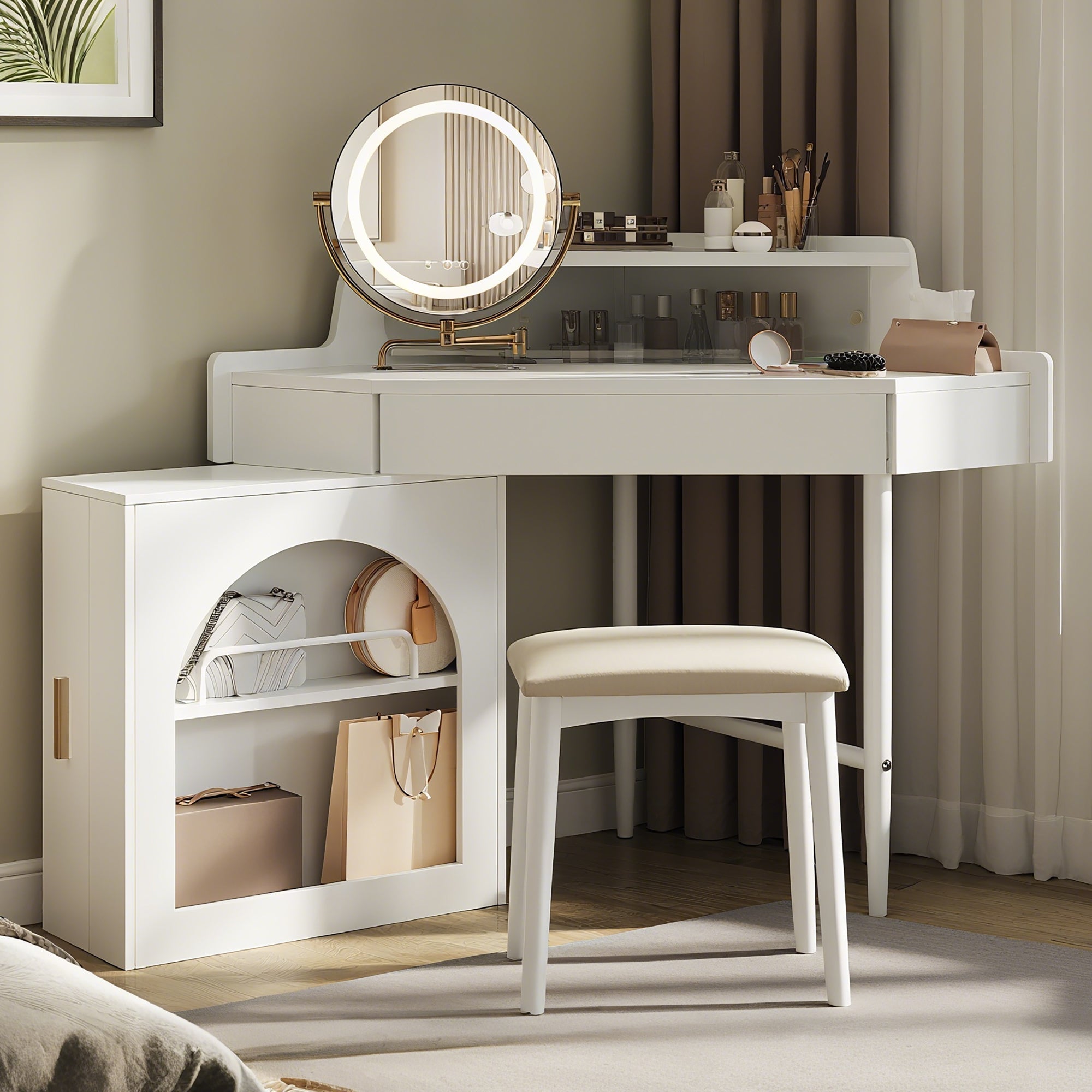 Modern Corner Vanity Set with Mirror and Stool