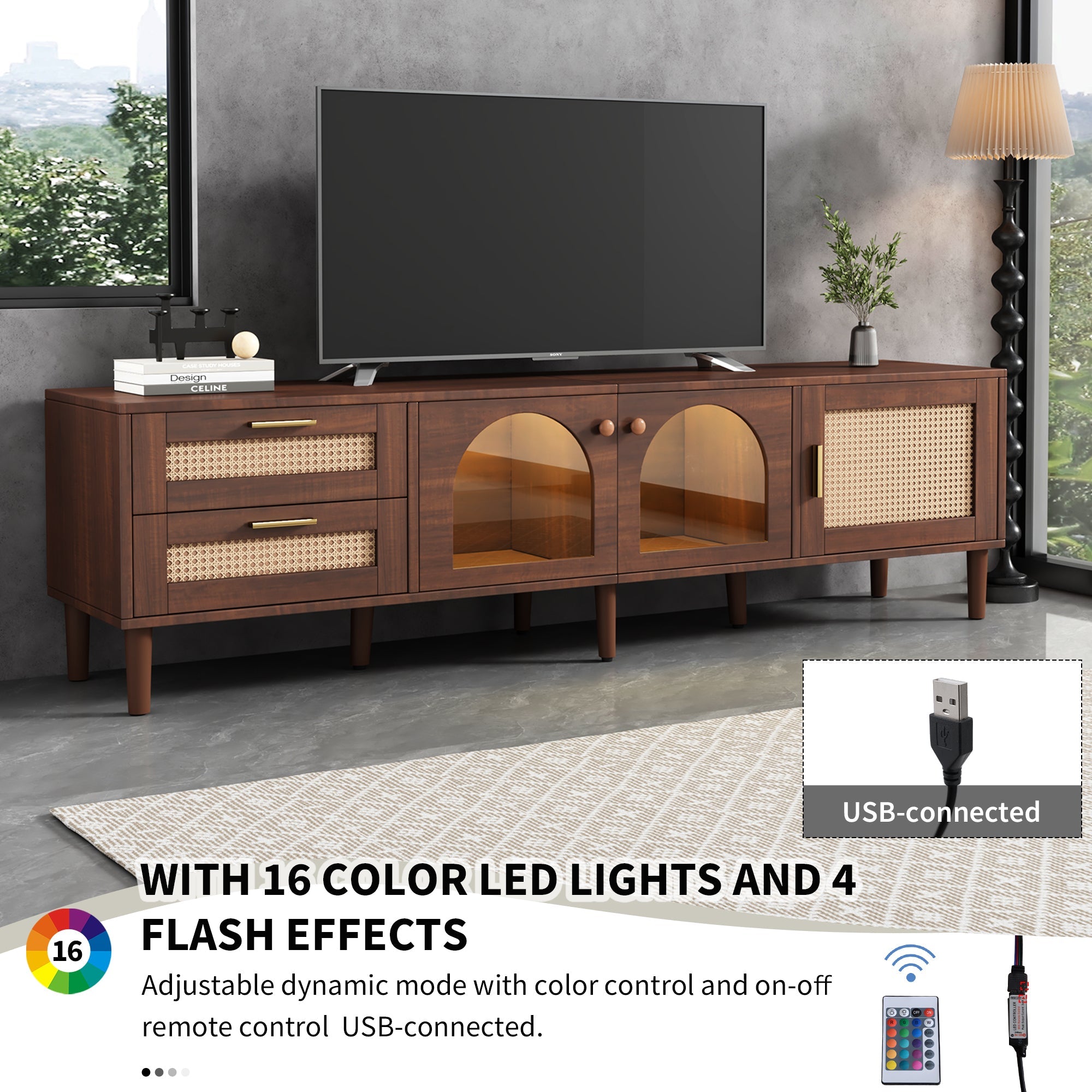 70" Rattan LED Light Entertainment TV Stand